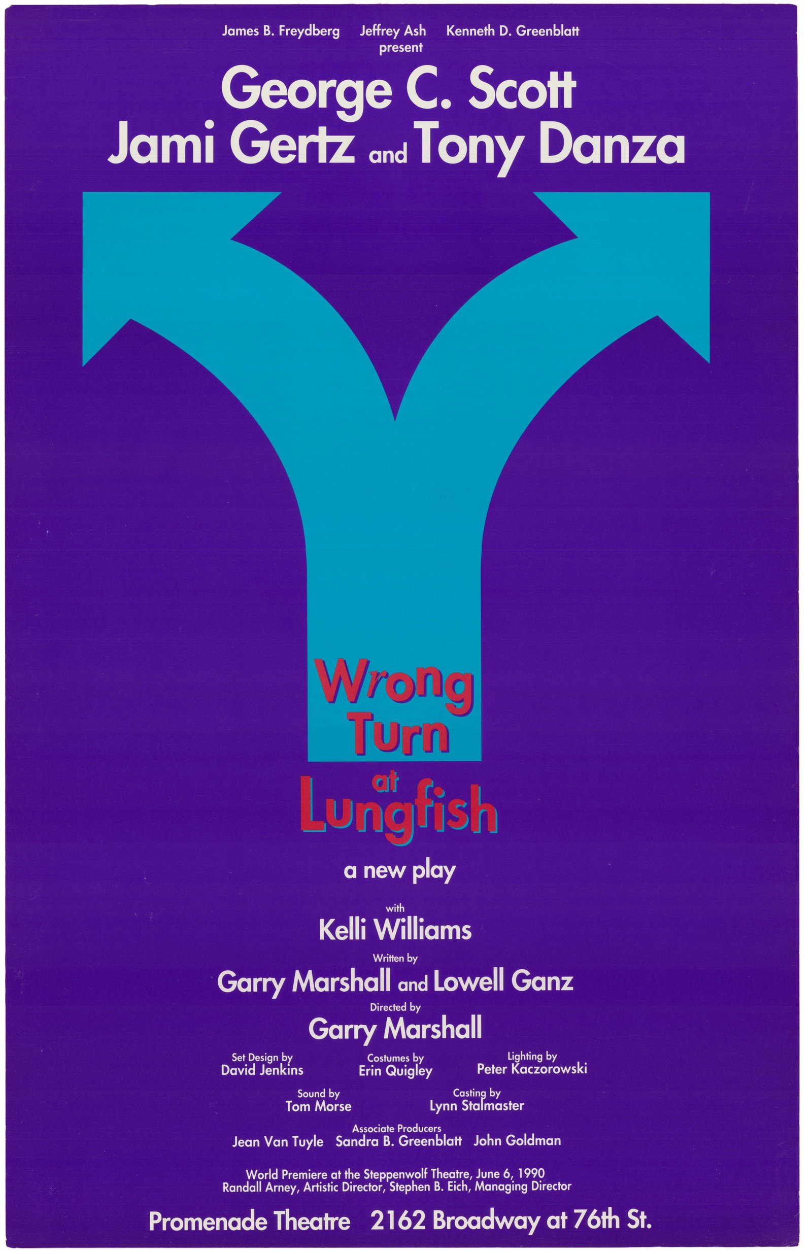 Wrong Turn at Lungfish Original Production Window Card Poster Directed by Garry Marshall: This is an original Broadway production poster for the play Wrong Turn at Lungfish, written by the prolific team of Garry Marshall and Lowell Ganz. Directed by Garry Marshall, the production features 