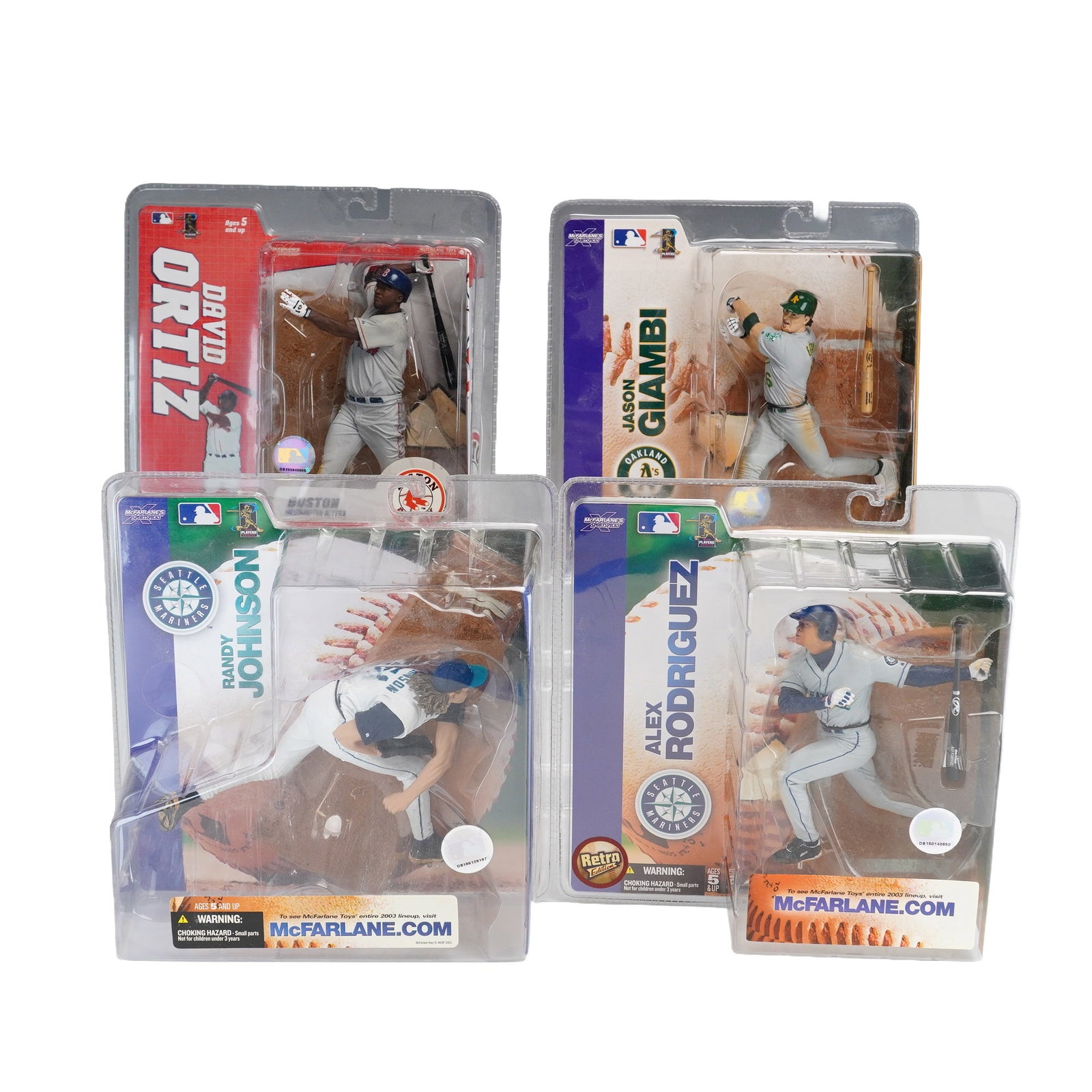 4pc Collection of McFarlane Toys MLB Sports Picks Series Action Figures: A collection of four McFarlane Toys MLB Sports Picks collectible action figures featuring prominent Major League Baseball players. The group includes David Ortiz in a Boston Red Sox home white uniform