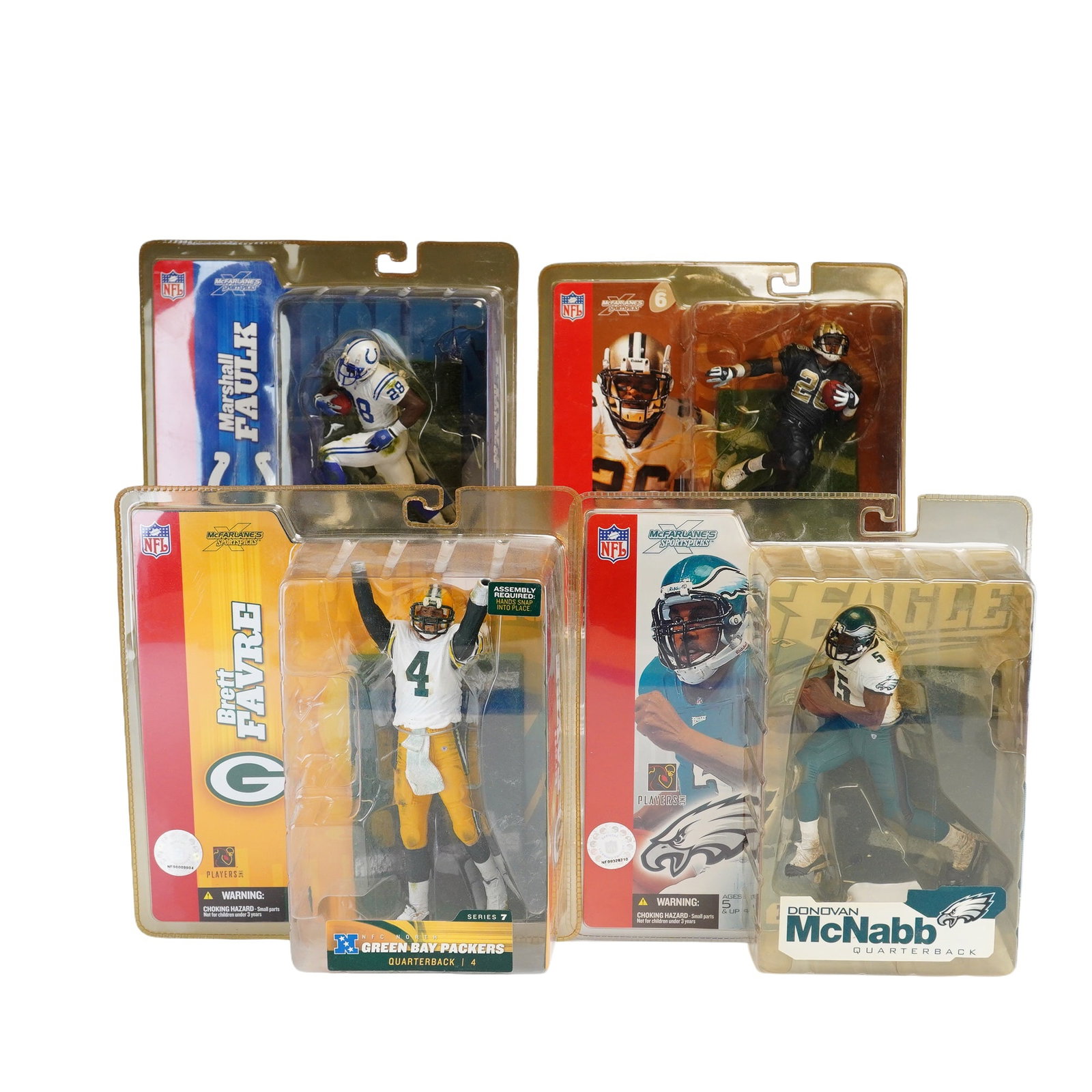 4pc Lot of McFarlane Toys NFL Sportspicks Action Figures in Original Packaging: This collection consists of 4pc NFL figurines in boxes manufactured by McFarlane Toys as part of the Sportspicks series. Each item features an NFL player in a dynamic action pose with team-specific un