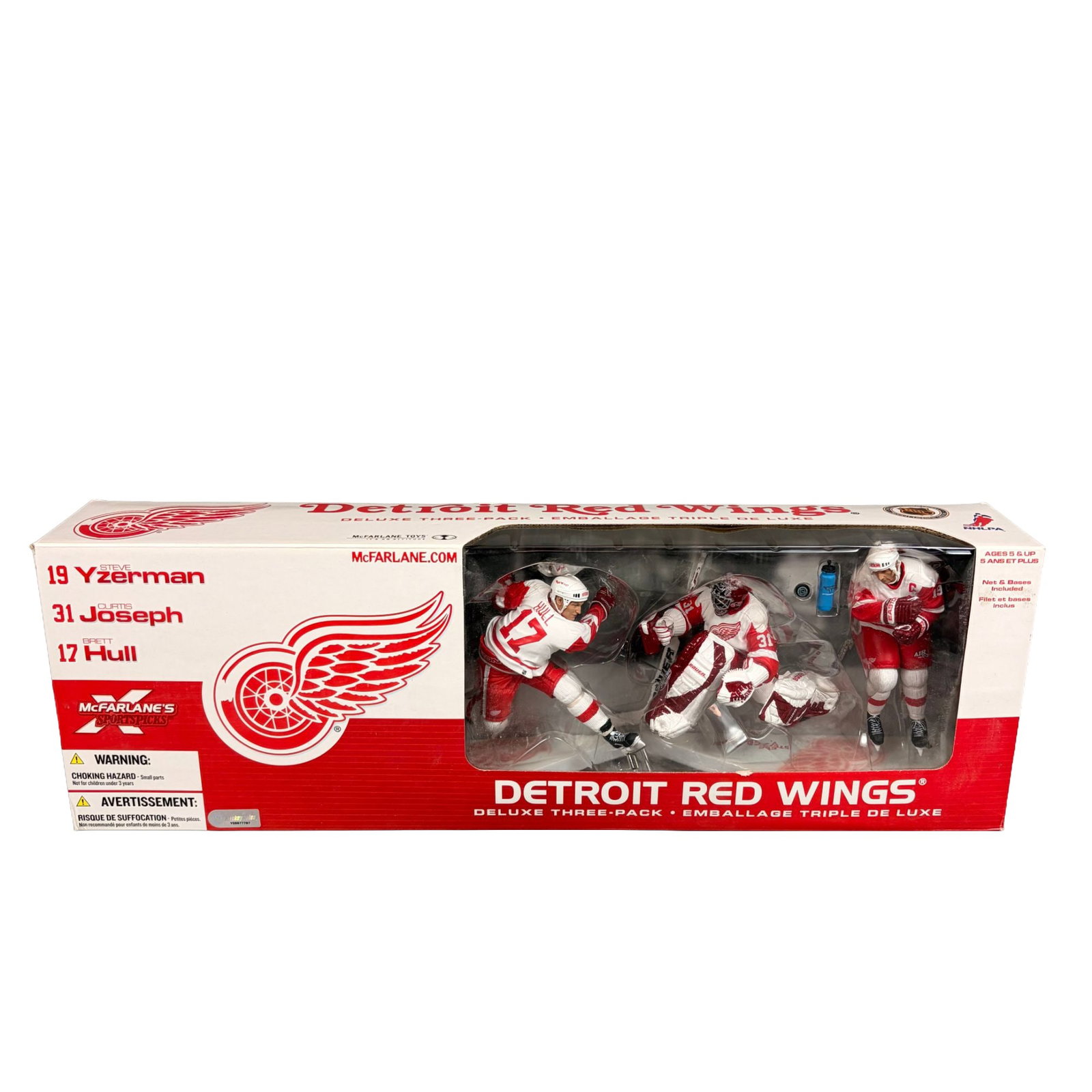 McFarlane Sportspick Three Pack Action Figures, Detroit Red Wings: A McFarlane Toys NHL Series 4 Detroit Red Wings Deluxe Three-Pack action figure set. This collection features three highly detailed figures representing franchise stars Steve Yzerman, Curtis Joseph, a