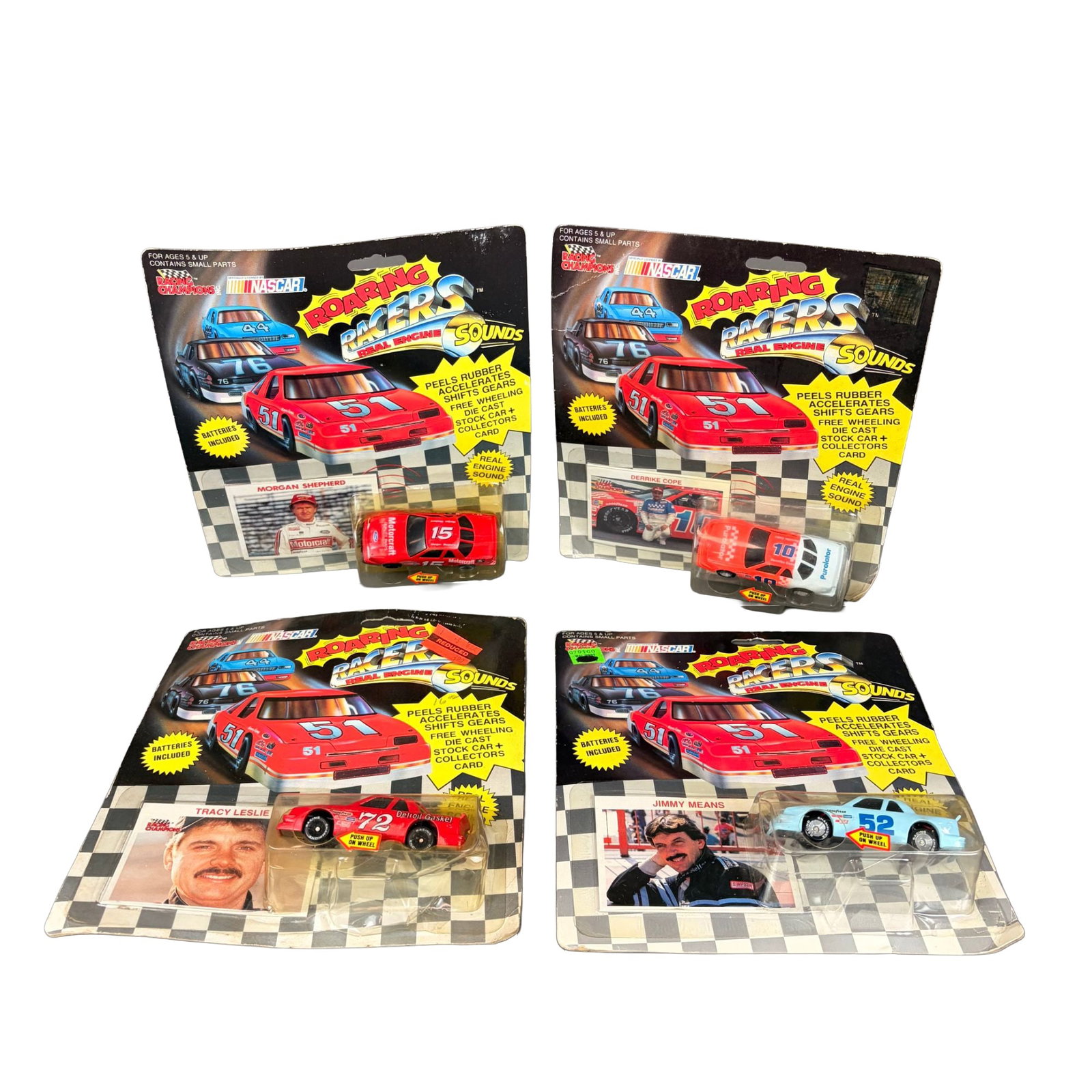 4pc Racing Champions NASCAR Die Cast Stock Cars with Collectors Card: Collection includes four Racing Champions NASCAR die-cast stock cars in original packaging, each accompanied by a collector card. Featured drivers include Derrike Cope #10, Morgan Shepherd #15, Jimmy 
