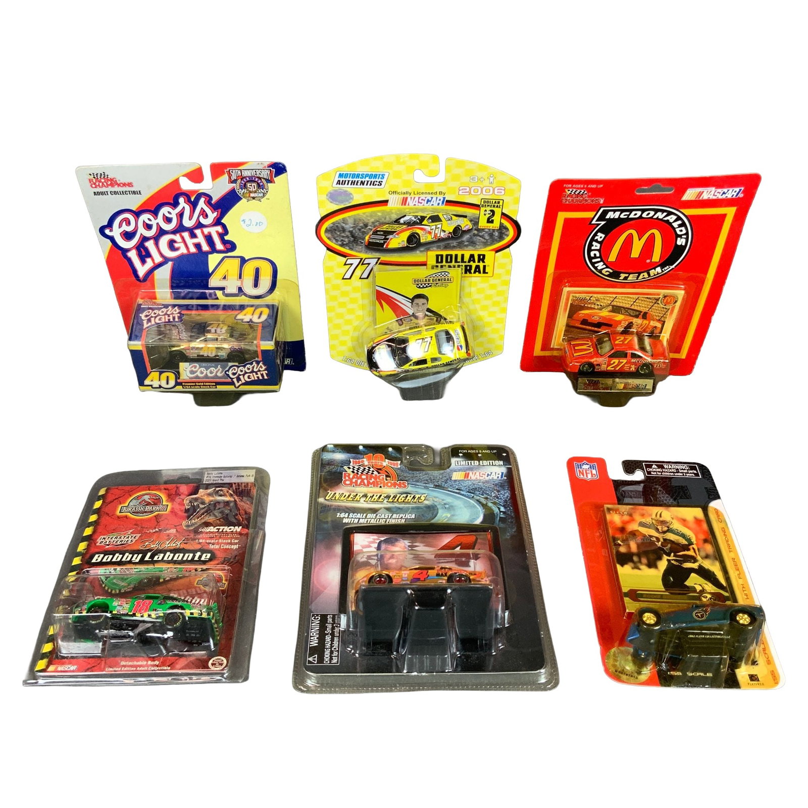 A Collection of Six NASCAR Model Cars and NFL Die-Cast Collectibles 1:64 Scale: This lot consists of six 1:64 scale die-cast collectible vehicles and associated sports memorabilia, primarily focused on NASCAR with one NFL inclusion. All items are contained within their original m