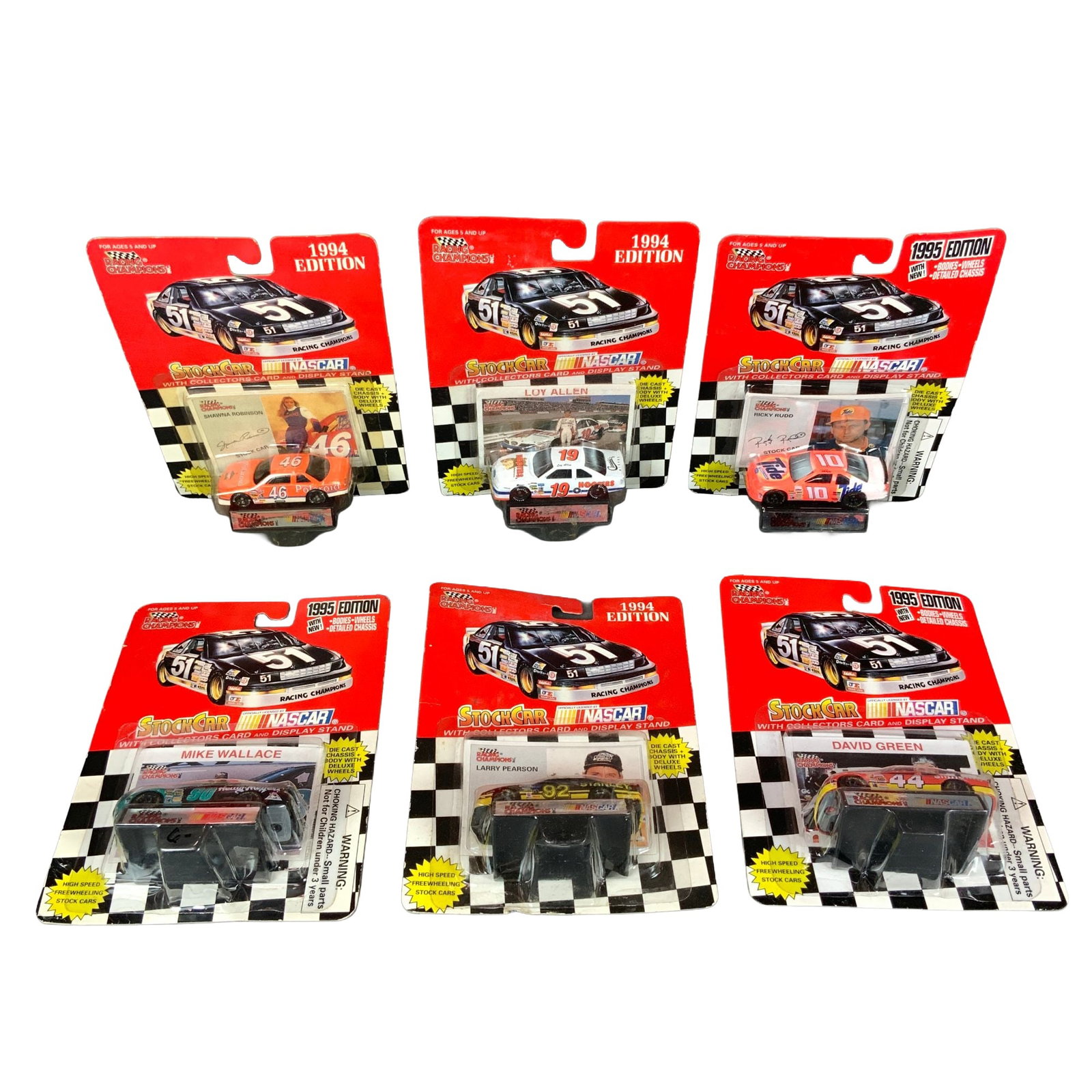 A Lot of Six Racing Champions NASCAR Die-Cast Stock Car Models: This lot consists of six vintage Racing Champions NASCAR 1:64 scale die-cast stock cars in their original factory blister pack packaging. The group includes three models from the 1994 edition and thre