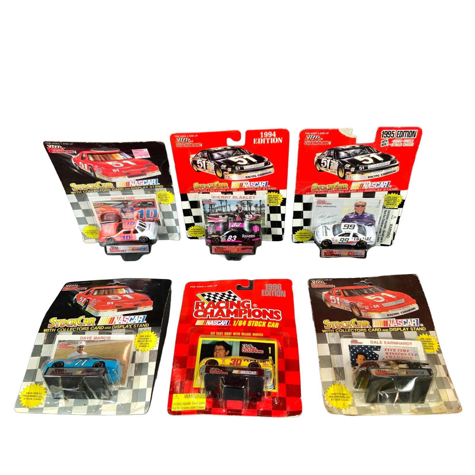 Six Racing Champions NASCAR 1/64 Die-Cast Stock Cars: This lot consists of six Racing Champions 1/64 scale NASCAR die-cast stock cars in their original blister pack packaging. Each set includes a die-cast vehicle, a collector card, and a black plastic di