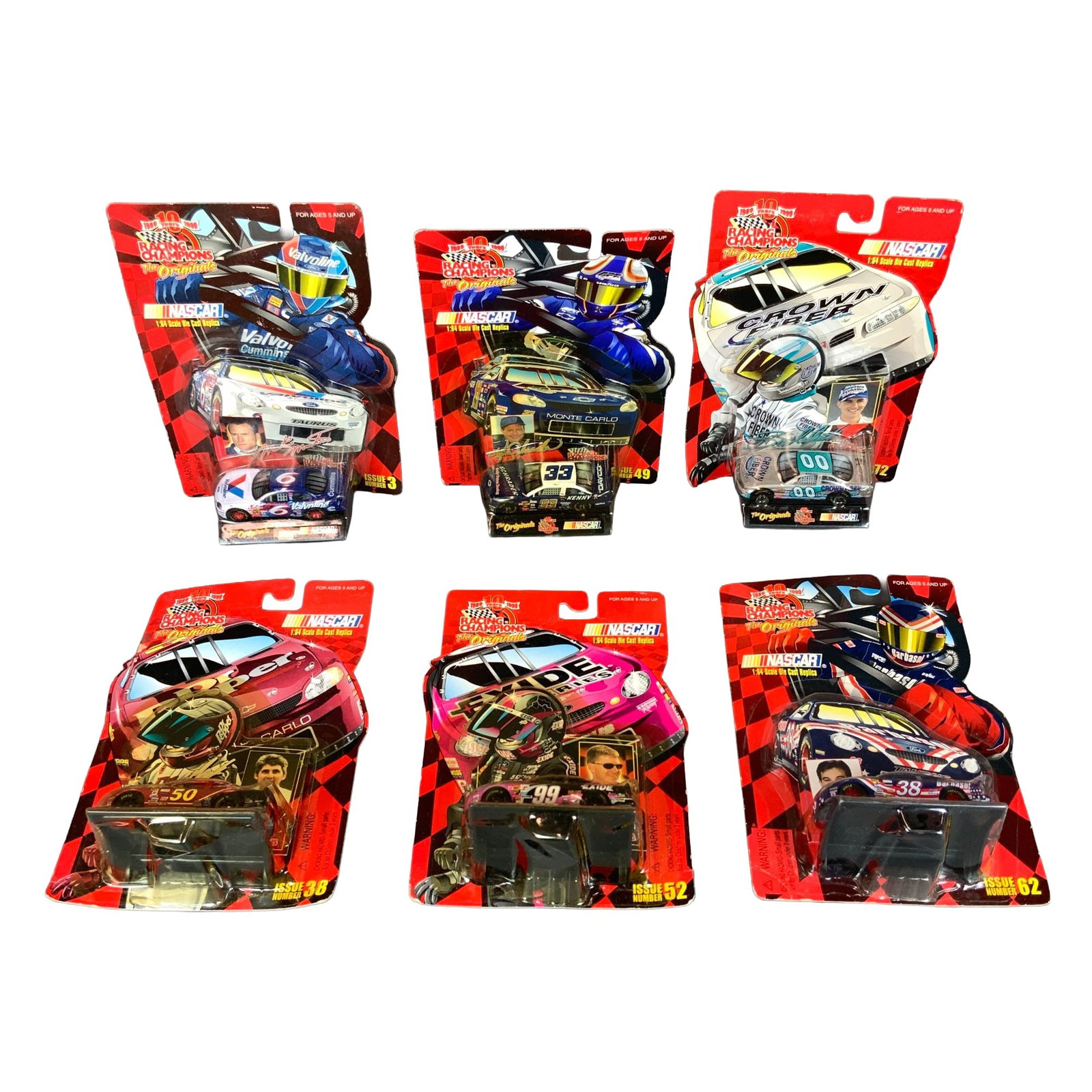 Six Racing Champions NASCAR The Originals 10th Anniversary 1:64 Scale Die-Cast Model Cars: A set of six Racing Champions The Originals 10th Anniversary series 1:64 scale die-cast NASCAR model cars, produced circa 1999. This collection features various driver and sponsor combinations, includ
