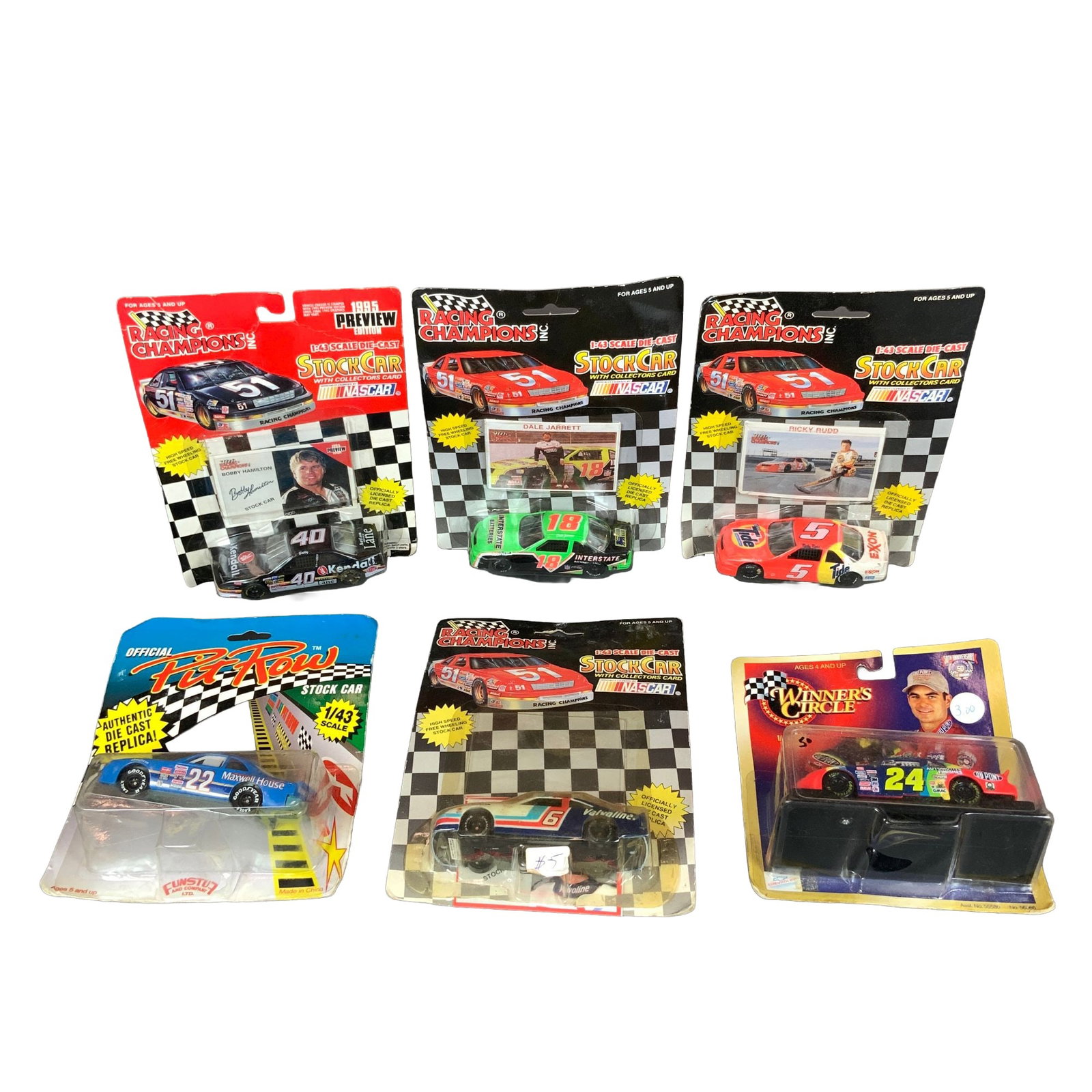 6pc Racing Champions & Winner's Circle Nascar Car Models: This collection consists of six vintage 1:43 scale NASCAR die-cast model stock cars, all contained within their original retail blister pack packaging. The assortment features four cars from the Racin