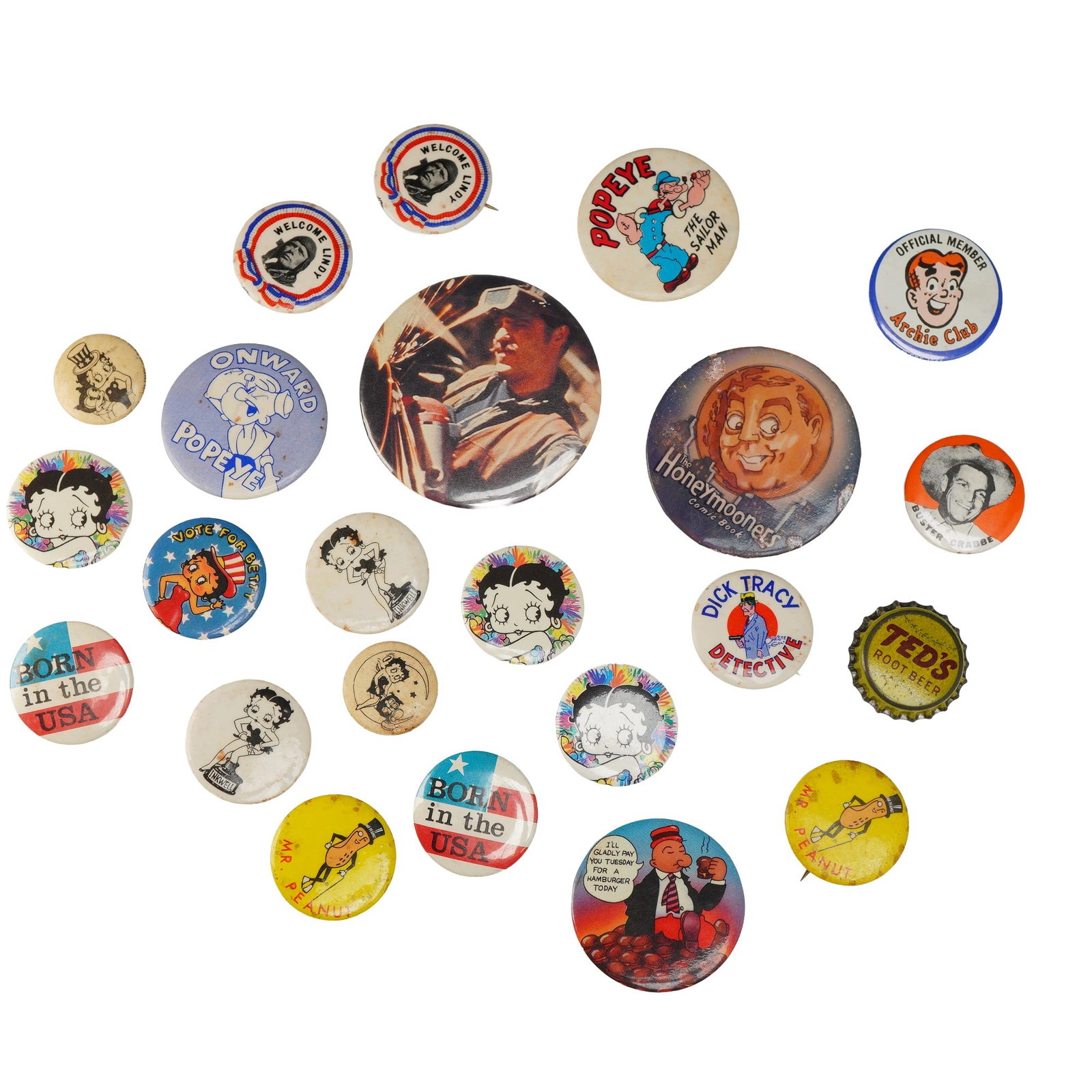 A Collection of Vintage Pop Culture Pinback Buttons and a Ted's Root Beer Bottle Cap: This collection of vintage-style pinback buttons and one promotional metal bottle cap features various icons of American pop culture. The assortment includes multiple depictions of Betty Boop, some of