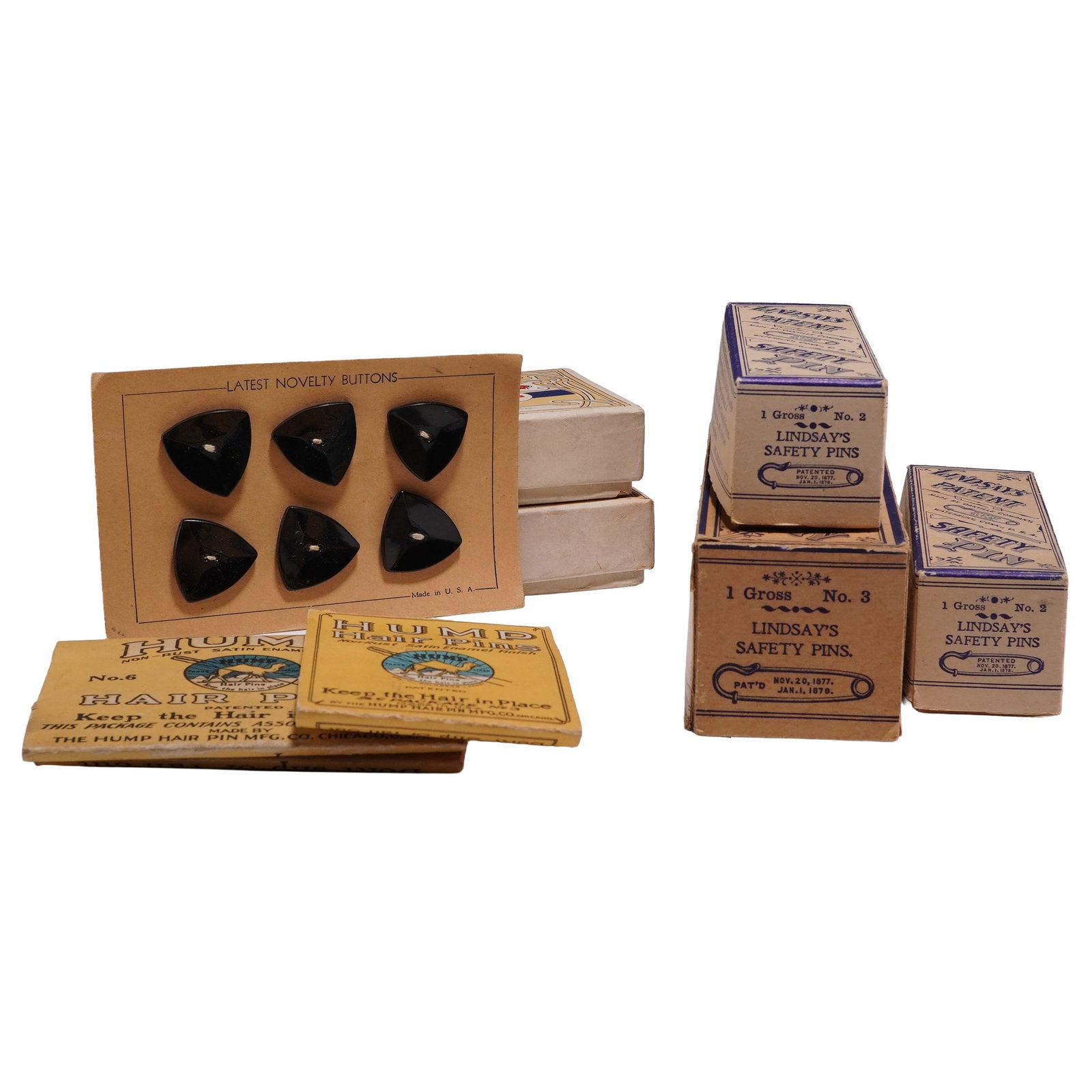 9pc Vintage Items Including Mosti's Antiseptic Soap, Lindsay's Safety Pins, and Hump Hair Pins: This lot consists of nine vintage domestic and retail items dating from the late 19th to early 20th centuries. The collection includes a boxed set of Mosti's Bichloride Mercury Antiseptic Toilet Soap,