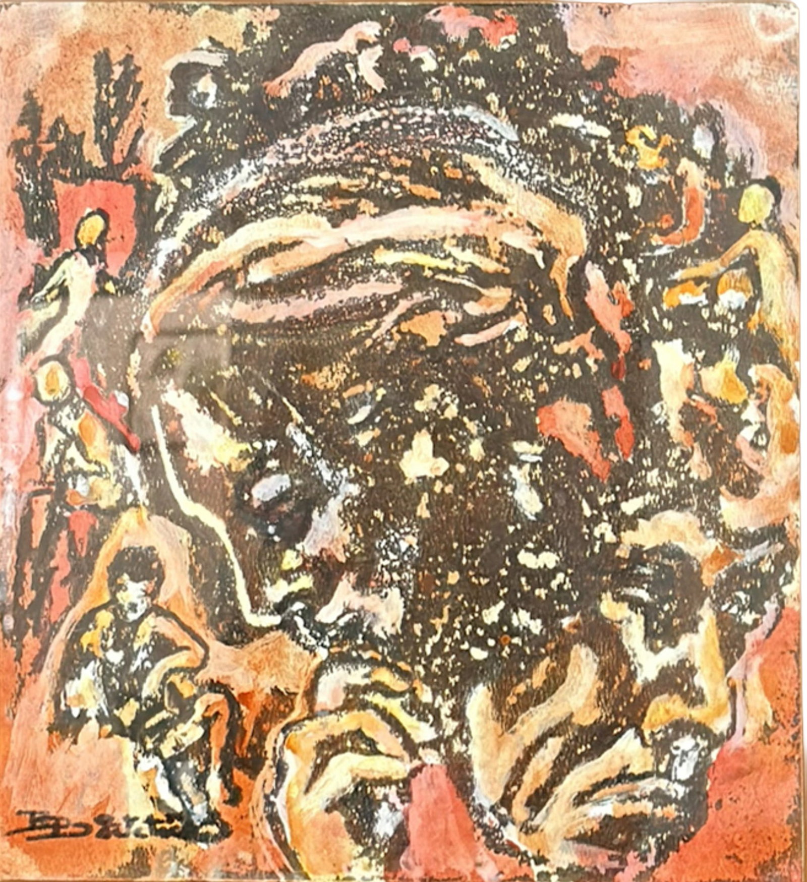 Manner of Francis Newton Souza, Gouache on Board, Composition with Figures, Signed: In the manner of the Neo-Expressionist school, this gouache and mixed media work on board depicts two central figures surrounded by multiple smaller ones in a dense, energetic composition. The work fe