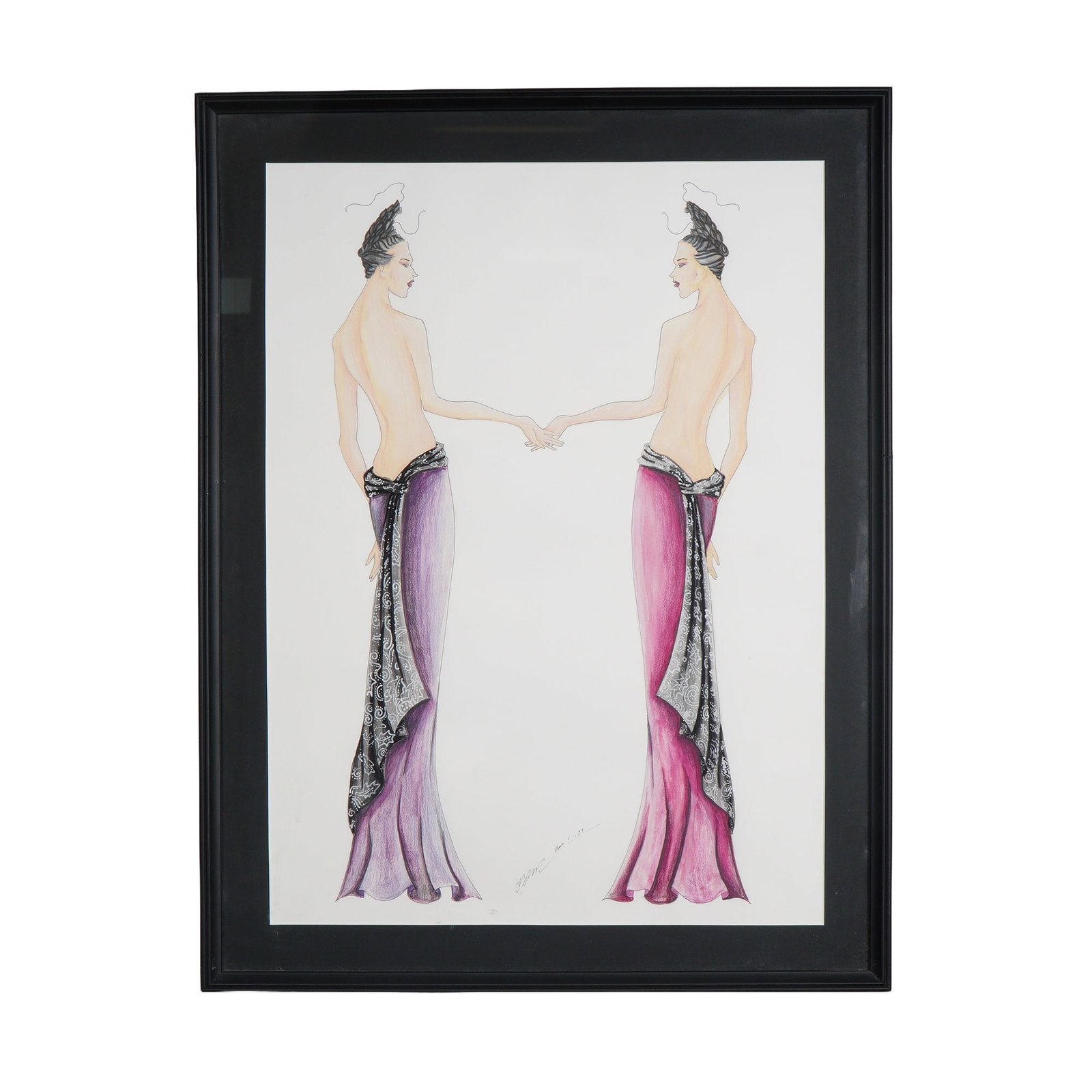 Original Art Deco Inspired Fashion Color Drawing on Paper, Signed & Dated (1 of 6)