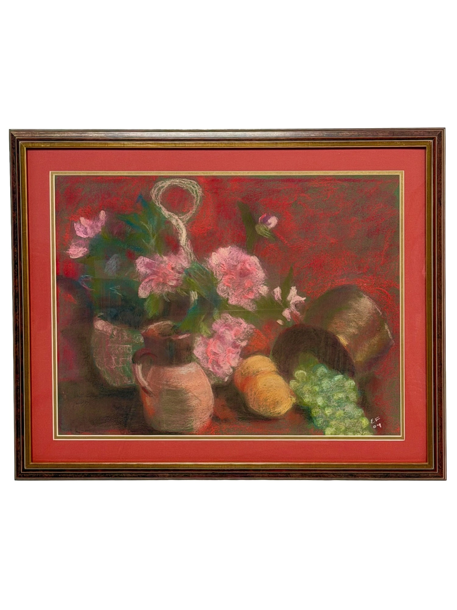 Original Pastel on Paper, Still Life with Flowers and Fruit, Signed: This still-life drawing is executed in pastel on heavy wove paper. The composition features an arrangement of pink flowers in a vessel, a terracotta pitcher, a piece of yellow fruit, and a cluster of 