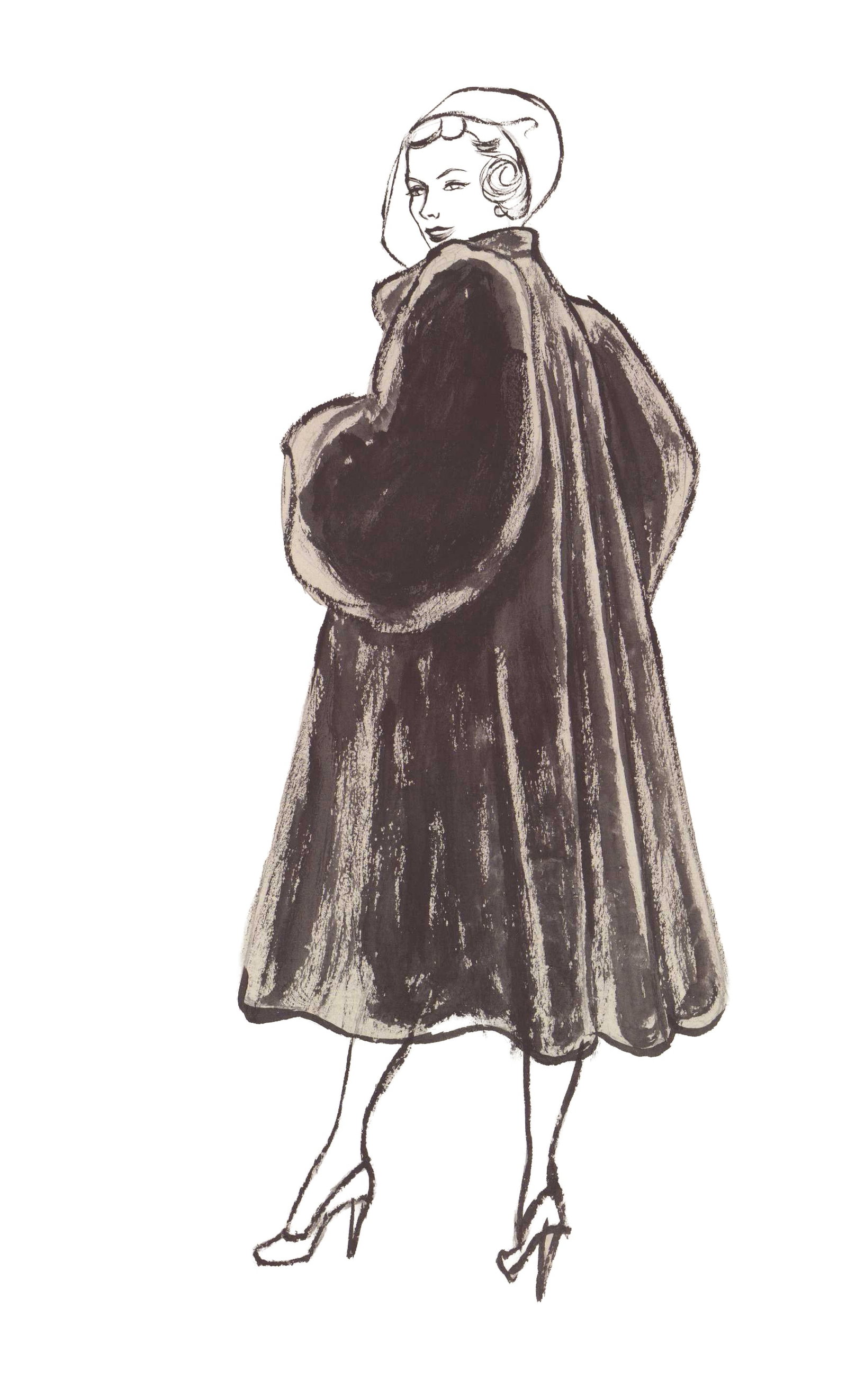 Wayne Hall American Original Drawing Illustration Woman in Fur Coat: An expressive original illustration Wayne Hall (American 1905-1969) depicting a full-length female model wearing a voluminous, dark, A-line fur coat and high-heeled shoes. The figure is shown mostly f