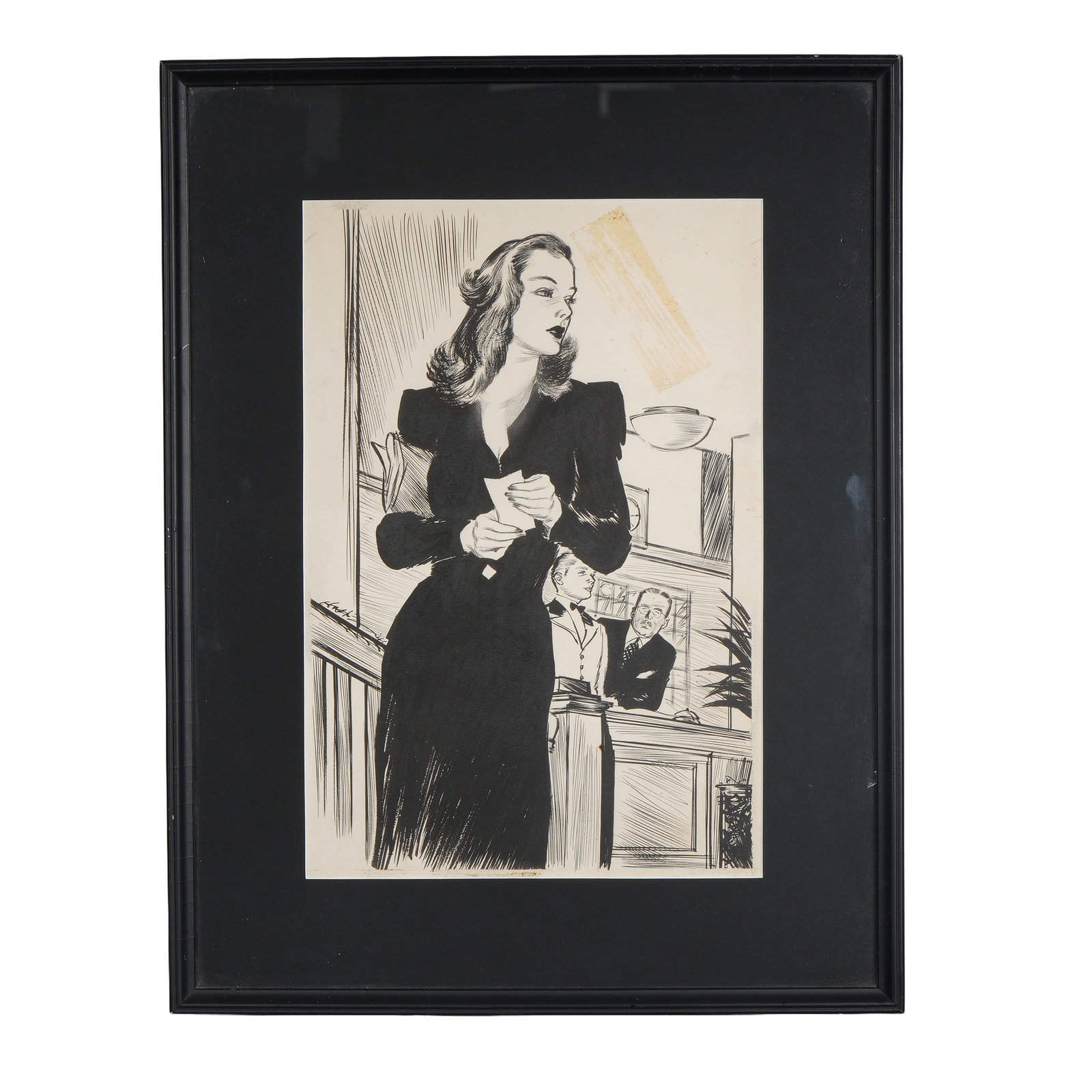 Wayne Hall, Original Ink Drawing on Paper, Elegant Woman at Hotel, Signed (1 of 6)