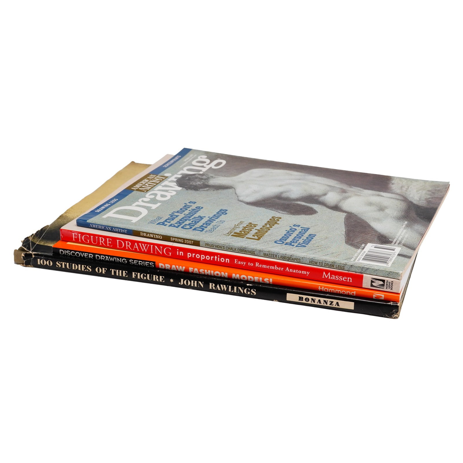 4pc Art and Figure Drawing Books and Magazines: This group of four art instruction publications focuses on figure drawing, anatomy, and fashion illustration. The collection includes one hardcover volume and three trade paperbacks or magazine format