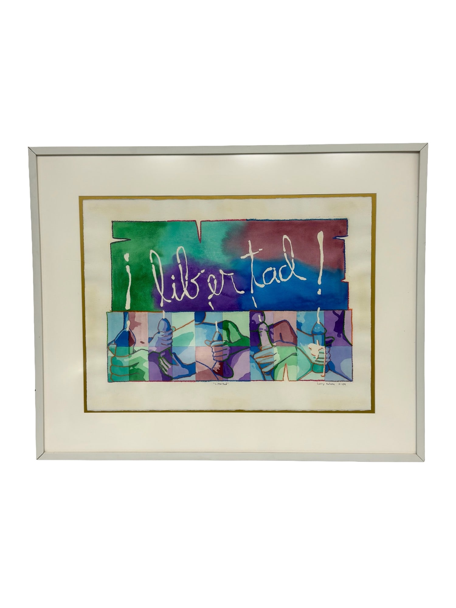 Larry Kolasa, Libertad, Mixed Media on Paper, 2004: This contemporary mixed media artwork is executed in watercolor, gouache, and oil pastel or crayon resist on paper. The composition features the Spanish word Libertad! rendered in white gestural scrip
