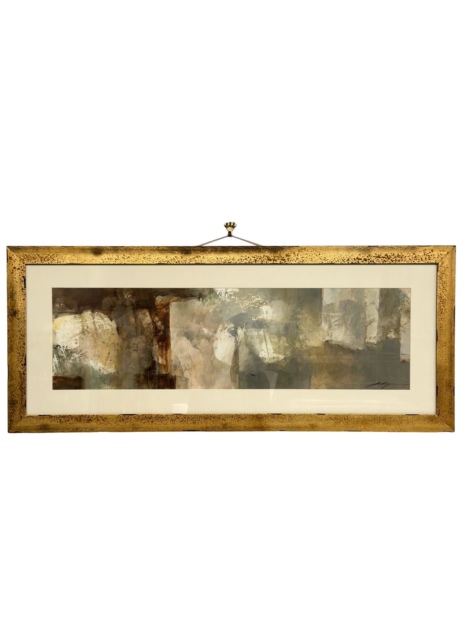 Mixed Media, Untitled Abstract, Signed: This modern abstract composition is executed in a mix of watercolor and gouache on heavy, textured paper. The work features layered, non-representational forms in a palette of muted earth tones, inclu