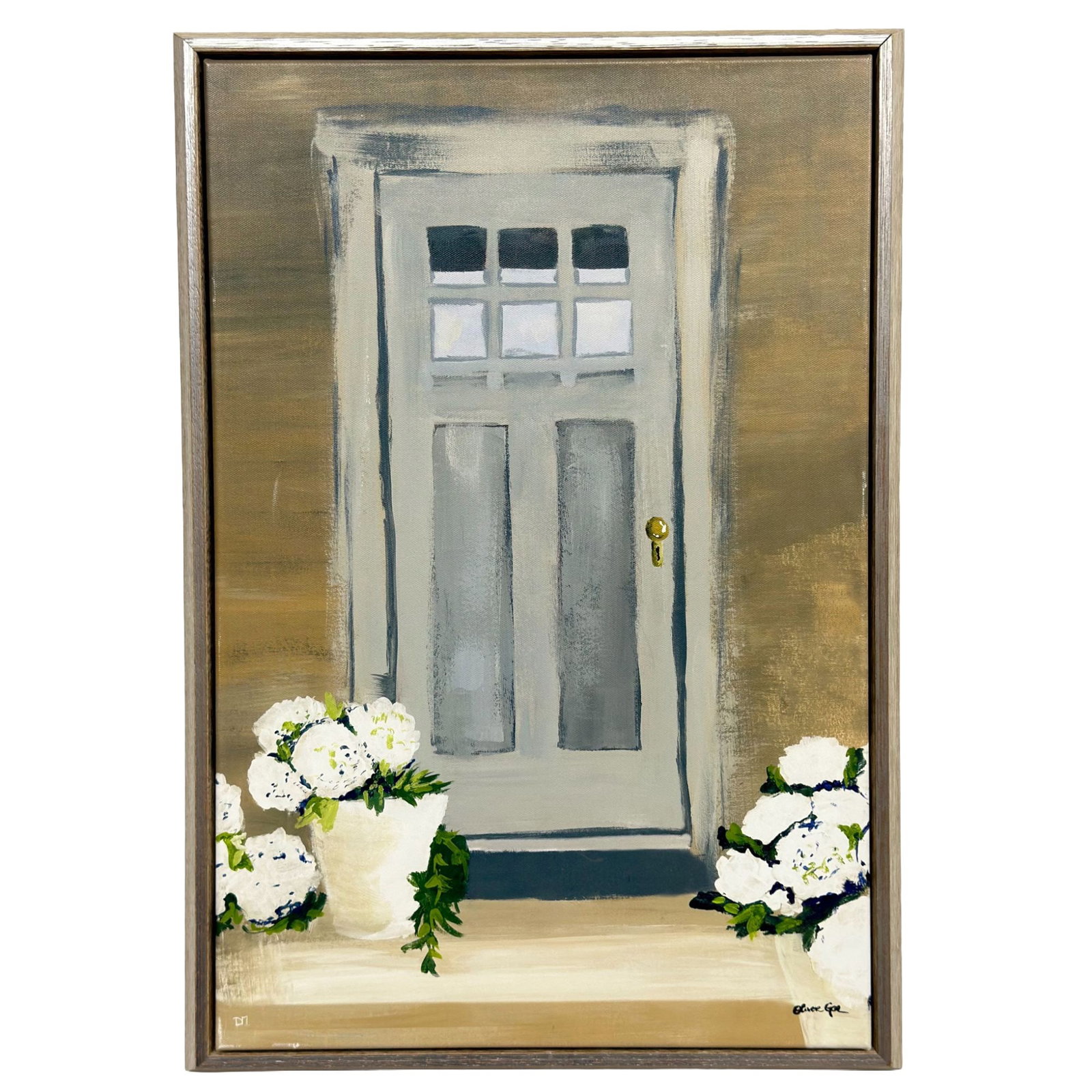 Oliver Gal Artist Co. Giclee on Canvas, Gracious Entry: A contemporary giclee on canvas produced by The Oliver Gal Artist Co., titled Gracious Entry. The artwork depicts a light gray paneled door with six window panes and a gold-colored doorknob set agains