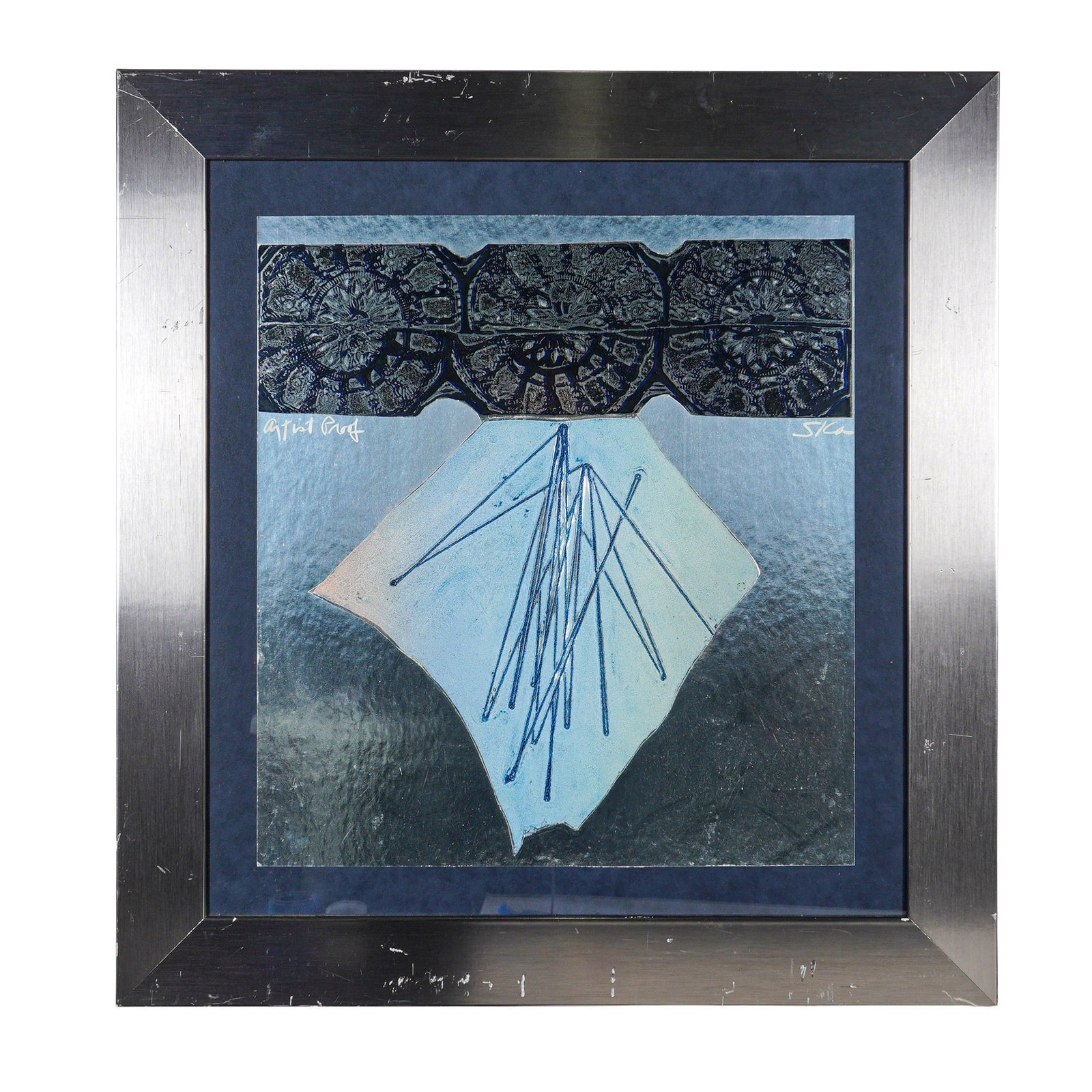 Sica (American, b. 1932) Framed Mixed Media on Metallic Ground, Signed: This contemporary abstract mixed media work by the artist Sica (Marilyn Sica Thompson, American, 1932-2022) is executed on a reflective metallic ground. The composition features a horizontal upper reg