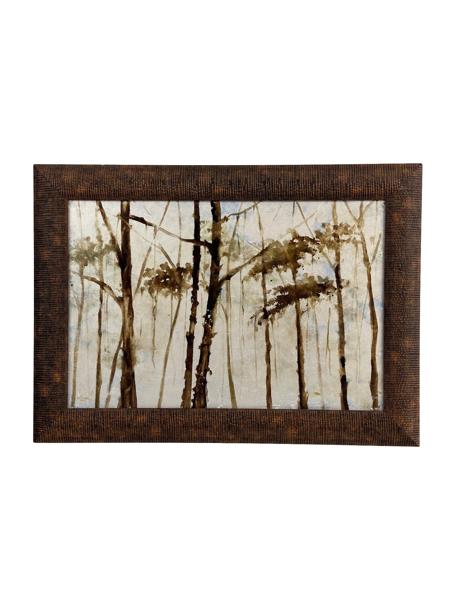 Woodland Landscape Mixed Media on Metal Plate, Paisaje V, 2006, Signed: The work is executed in watercolor and mixed media on a metal plate. Serene landscape painting depicting a stand of slender trees rendered in a loose, atmospheric style. The composition features delic