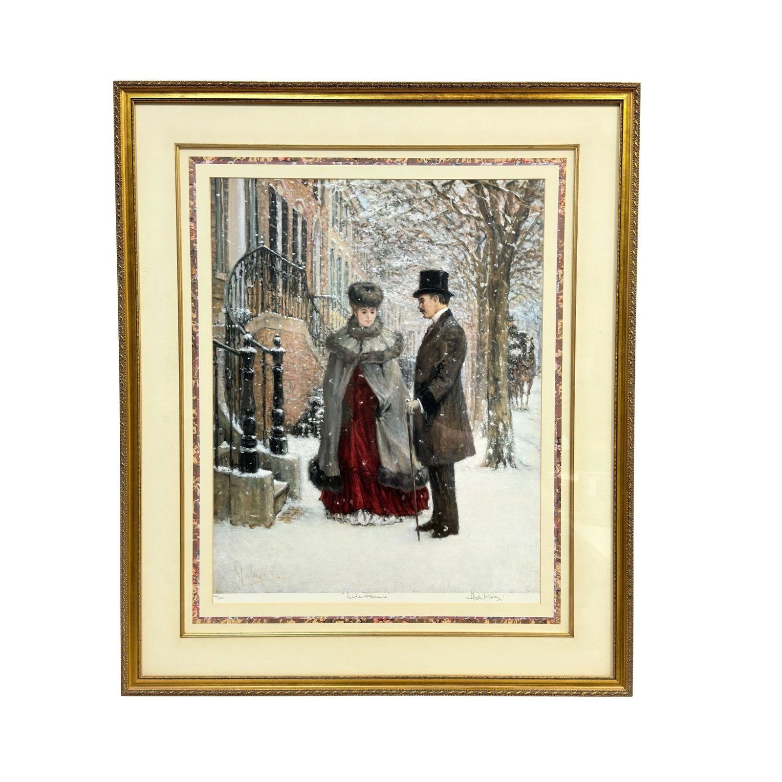 Alan Maley (English, 1931-1995) Limited Edition Lithograph Print, Winter Romance, Signed: This limited edition print by English artist Alan Maley (1931-1995) is titled Winter Romance. The scene depicts a Victorian-era couple in winter attire, standing on a snow-covered sidewalk in front of