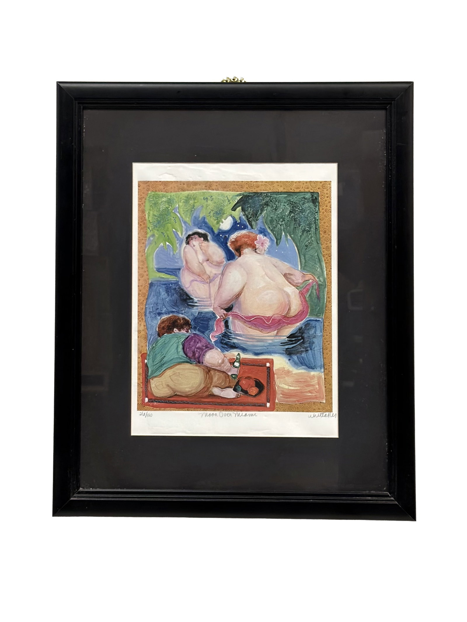 Whittaker, Moon Over Miami, Lithograph on Paper, 26/100: This lithograph on paper by Whittaker is titled Moon Over Miami and is numbered 26/100. The artwork depicts a whimsical nocturnal scene featuring three stylized, voluminous figures. Two figures are sh