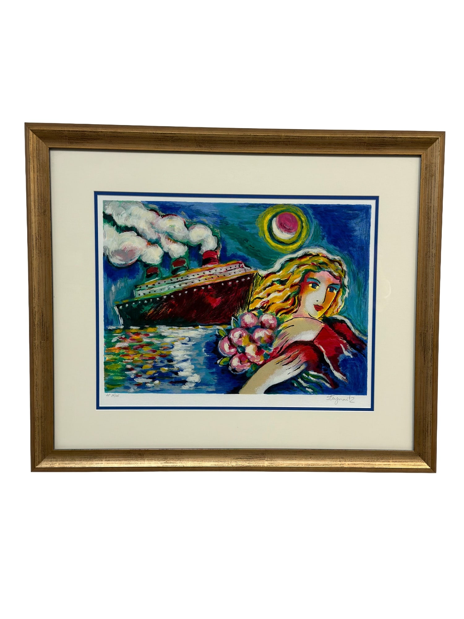 Zamy Steynovitz (Polish, 1951-2000) Artist Proof Seriolithograph on Paper, Signed: This seriolithograph on paper is titled Midnight Cruise by Zamy Steynovitz (1951-2000). The composition features a woman with flowing blonde hair and a bouquet of pink flowers in the foreground, set a