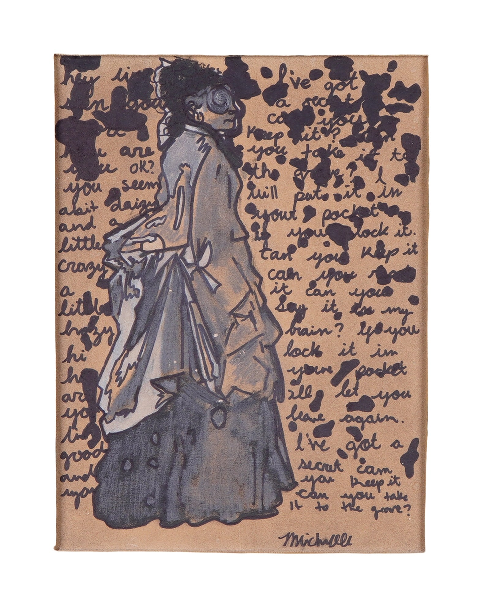Michelle Mishkan, Woman (Signed): Michelle Mishkan. This mixed media drawing, executed in pen and ink and graphite with opaque highlights on toned tan paper, features a profile of a woman in 19th-century attire. The central figure is 