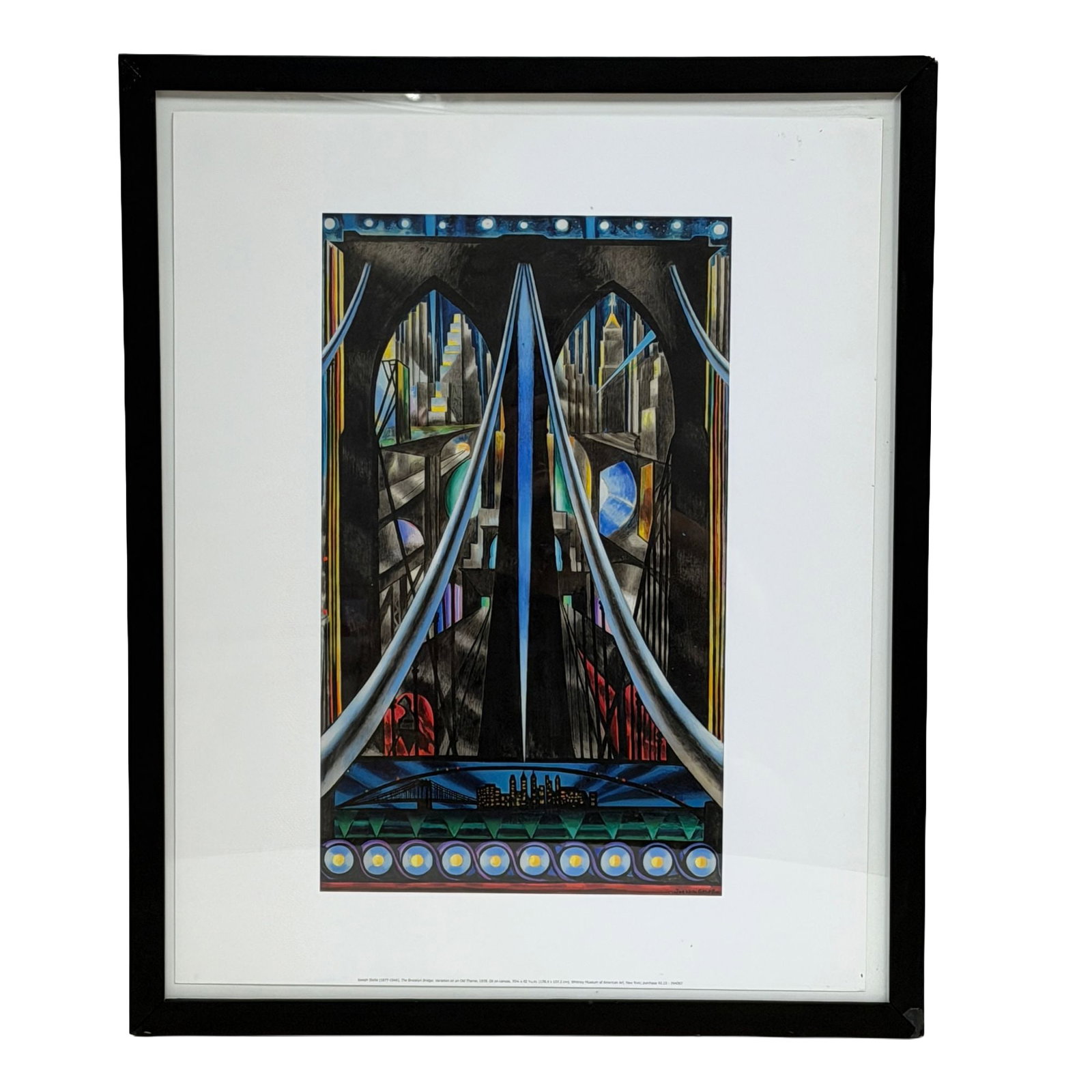 After Joseph Stella (American, 1877-1946), Offset Lithograph Poster, The Brooklyn Bridge: This framed offset lithograph poster is a reproduction of the 1939 oil on canvas painting by Joseph Stella titled The Brooklyn Bridge: Variation on an Old Theme. The composition reflects the artist's 