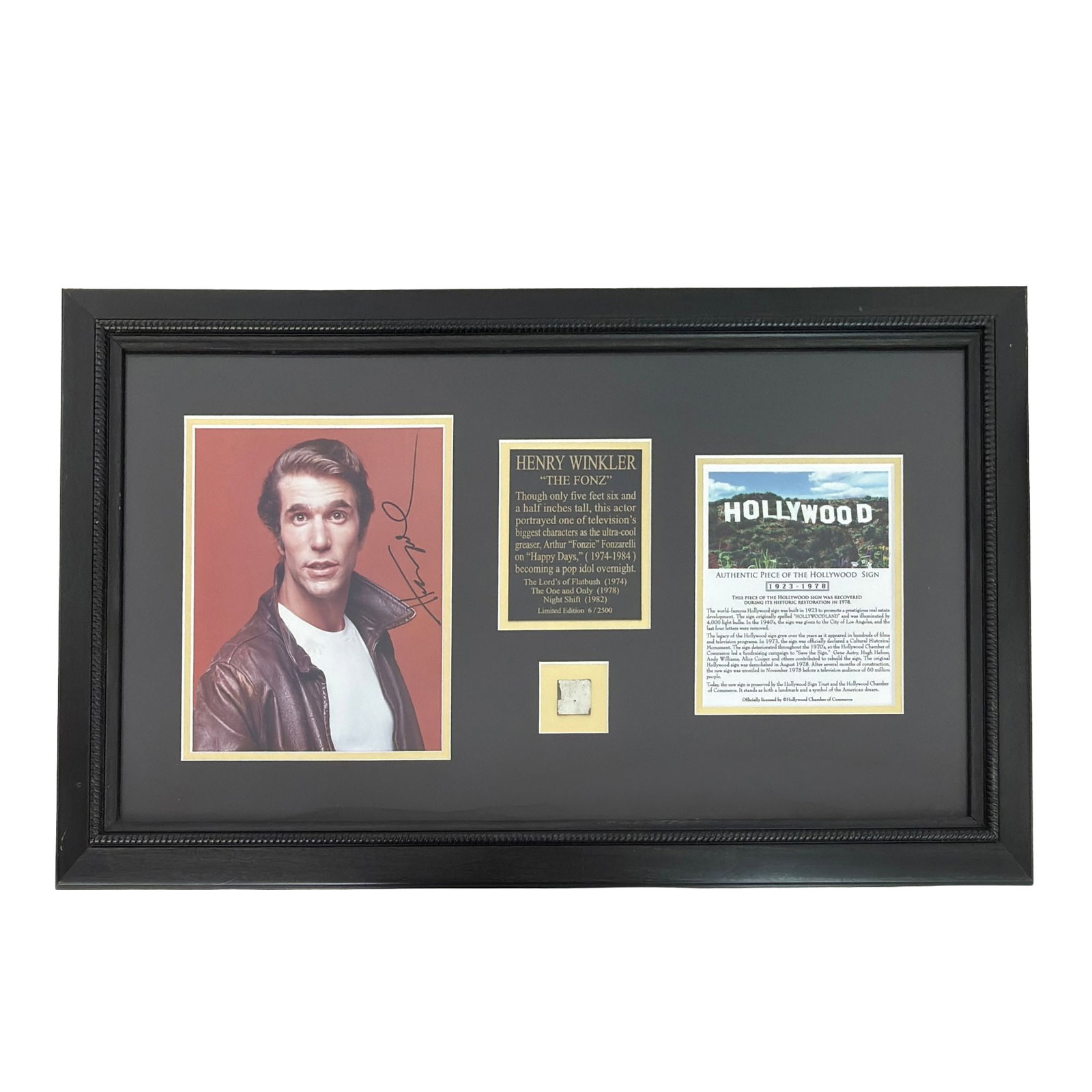 Henry Winkler as The Fonz Framed Memorabilia including Signed Photograph: This, Limited Edition 6 of 2500, frame collage includes signed portrait of Henry Winkler as Fonz; Certified fragment of the original Hollywood Sign, which stood from 1923 to 1978 and black engraved pl