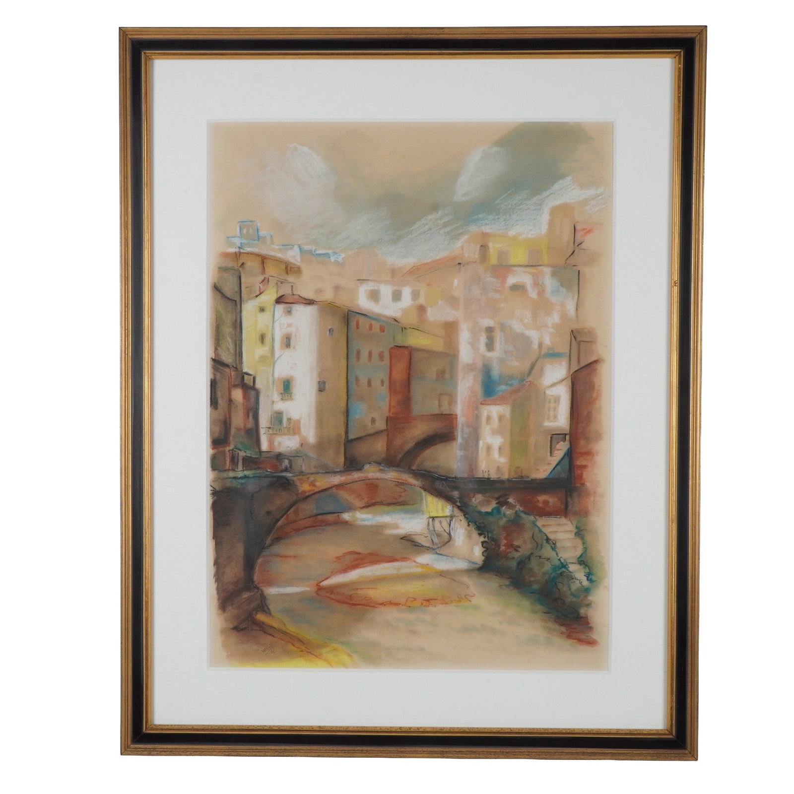 Original Pastel on paper, Cityscape with Bridge, Signed: Colorful pastel on paper made in an expressive style, featuring layered buildings and multiple arched bridges over a shallow river, rendered in a warm palette of ochres, reds, blues, and earth tones. 