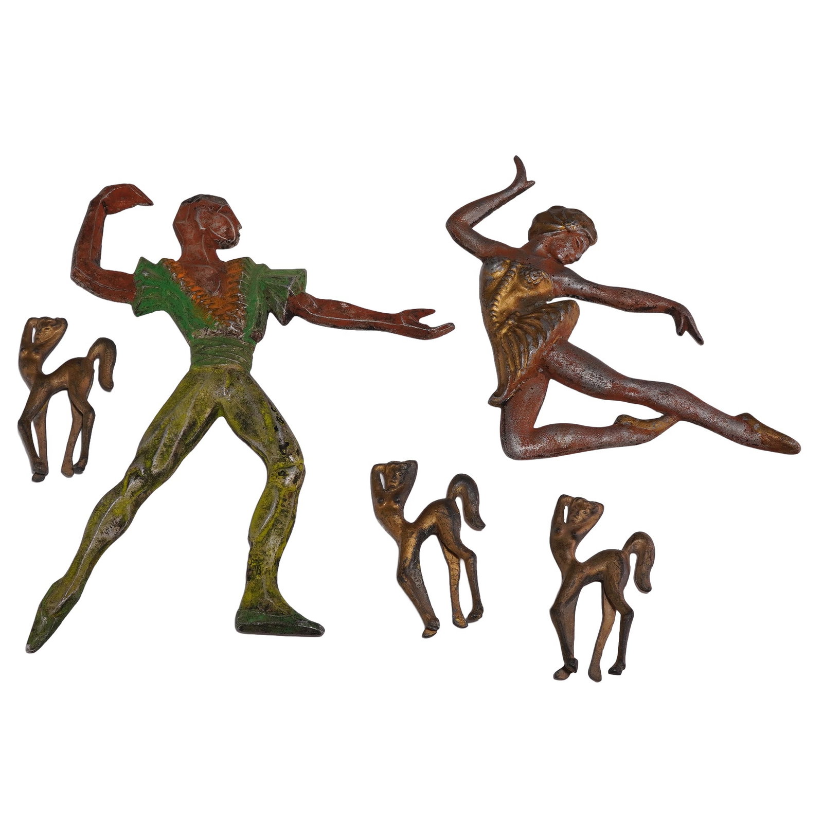 5pc Art Deco Style Cast Metal Wall Plaque Dancers and Mythical Creatures Figurines: This collection consists of five cast metal wall plaques designed in the Art Deco style, featuring two human figures and three stylized mythical creatures. The set includes a male figure in a lunging 