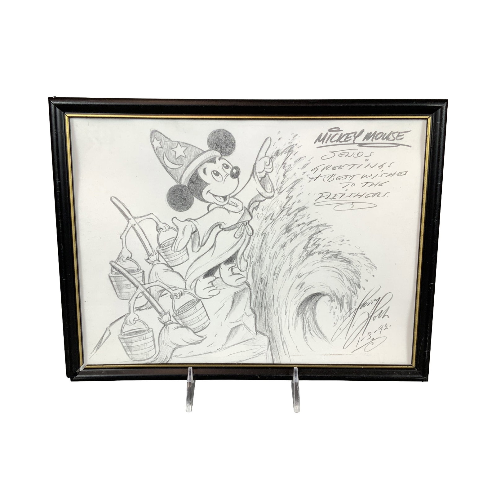 Harry Holt Signed Mickey Mouse Sorcerer's Apprentice Sketch Print: This framed print of a sketch by Disney animator Harry Holt depicts Mickey Mouse as the Sorcerer's Apprentice from the 1940 animated feature Fantasia. Mickey is shown in his iconic robes and pointed h