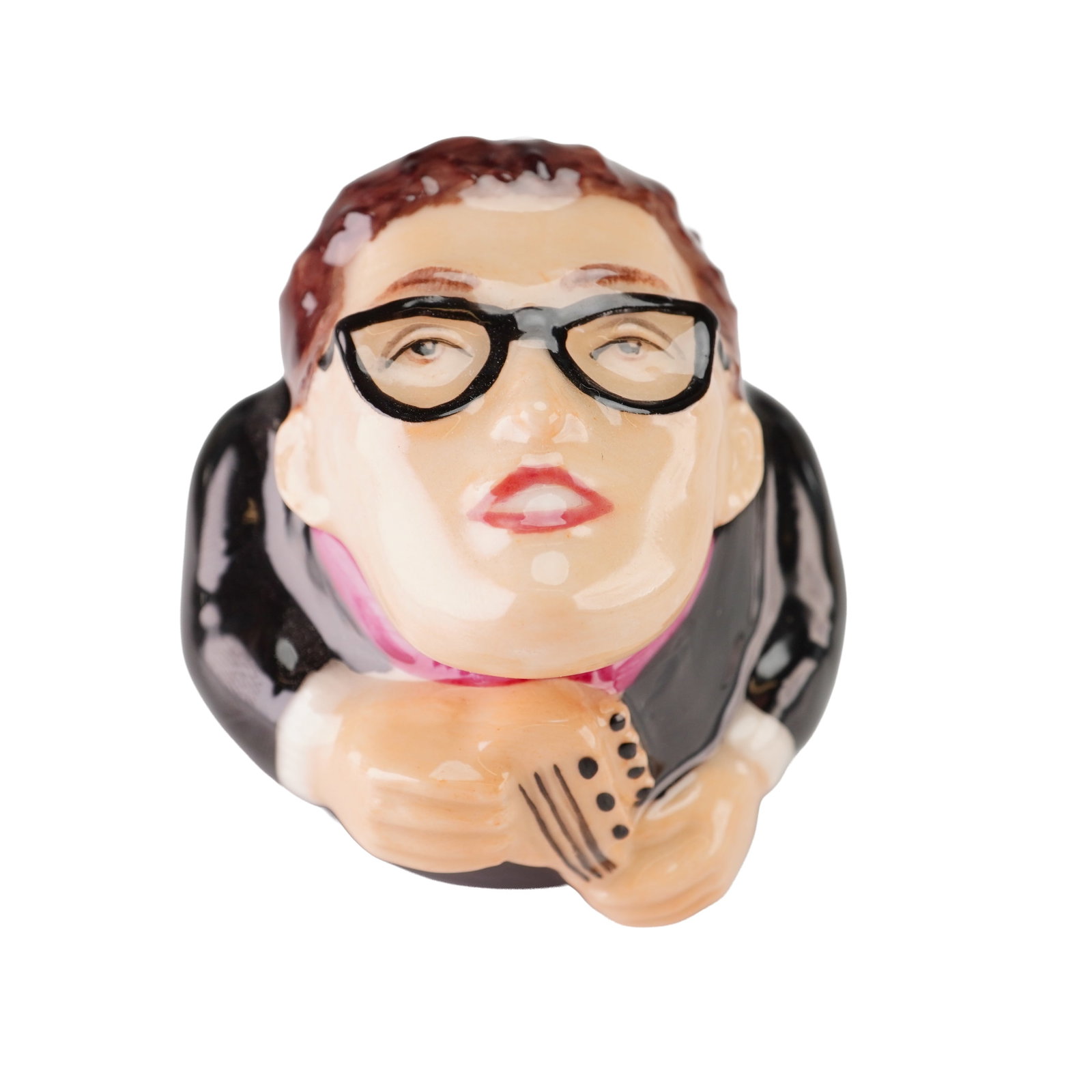 Kevin Francis Ceramic Face Pot, Buddy Holly: A Kevin Francis Buddy Holly Face Pot, produced in 2001. This lidded ceramic container is part of the Face Pot series and features a high-gloss glazed finish. The lid is sculpted as the head of the mus