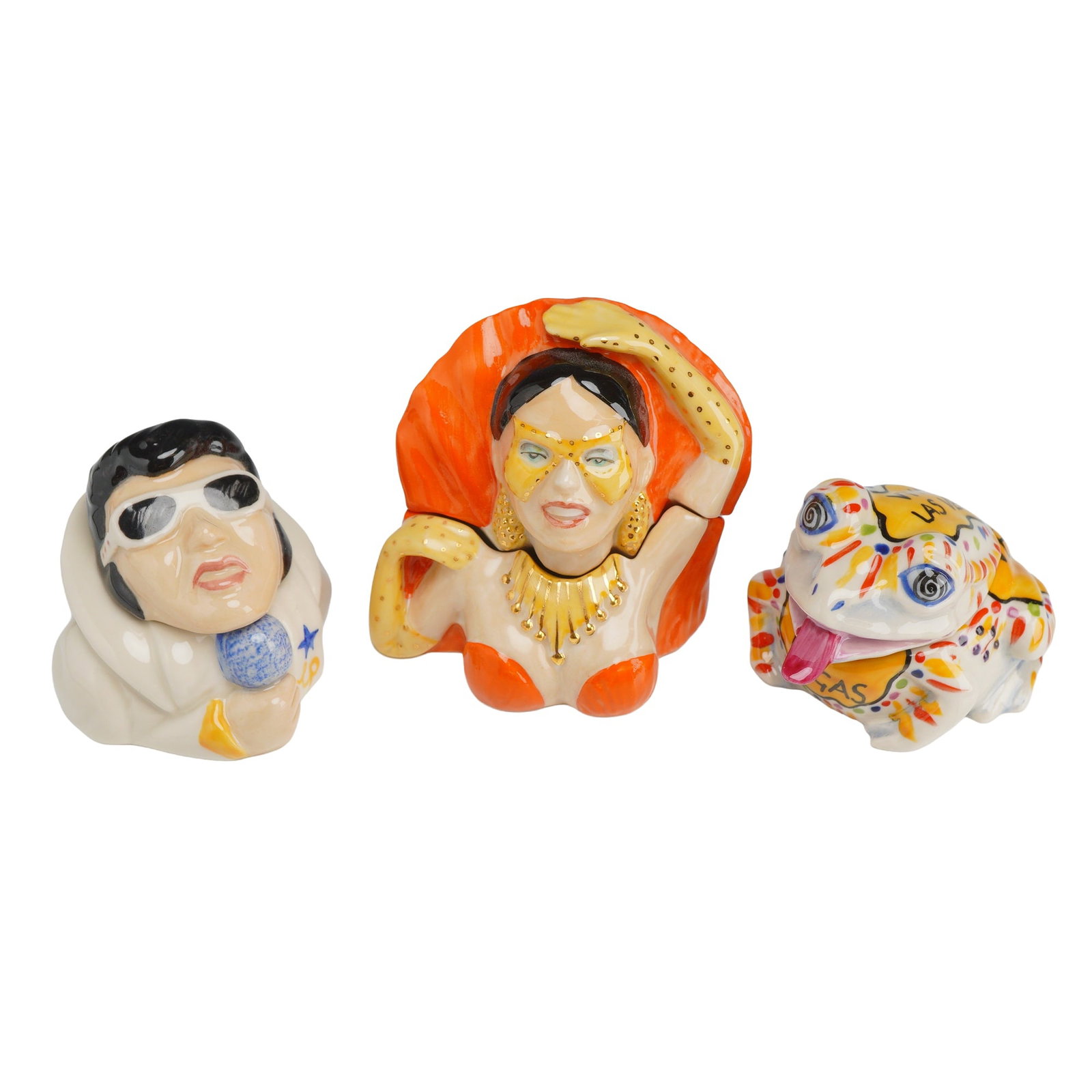 3pc Kevin Francis Face Pots, Including Signed Prototype Elvis: A collection of three themed ceramic Face Pots produced by Kevin Francis Ceramics, featuring subjects related to Las Vegas. Each pot is a two-piece collectible consisting of a separate lid and base. T