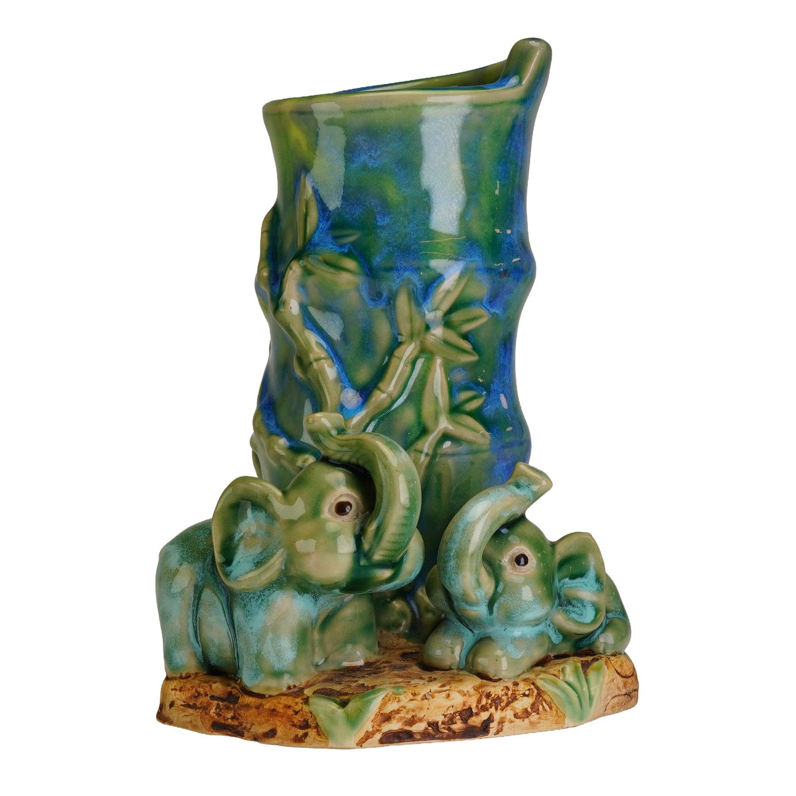 Vintage Unmarked, Lucky Elephant and Bamboo Planter: This vintage ceramic planter or vase features a figural motif of two elephants with raised trunks, a traditional symbol of good luck. The elephants are positioned at the base of a tall, cylindrical ve