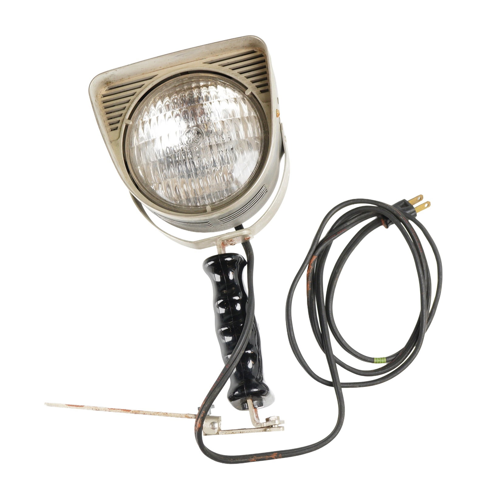 Fotocrest Movie Lite Twin Beam Handheld Motion Picture Light: A vintage Fotocrest Movie Lite handheld motion picture light with a molded black handle, gray metal lamp housing, adjustable mounting bracket, and attached power cord. The front features a large glass