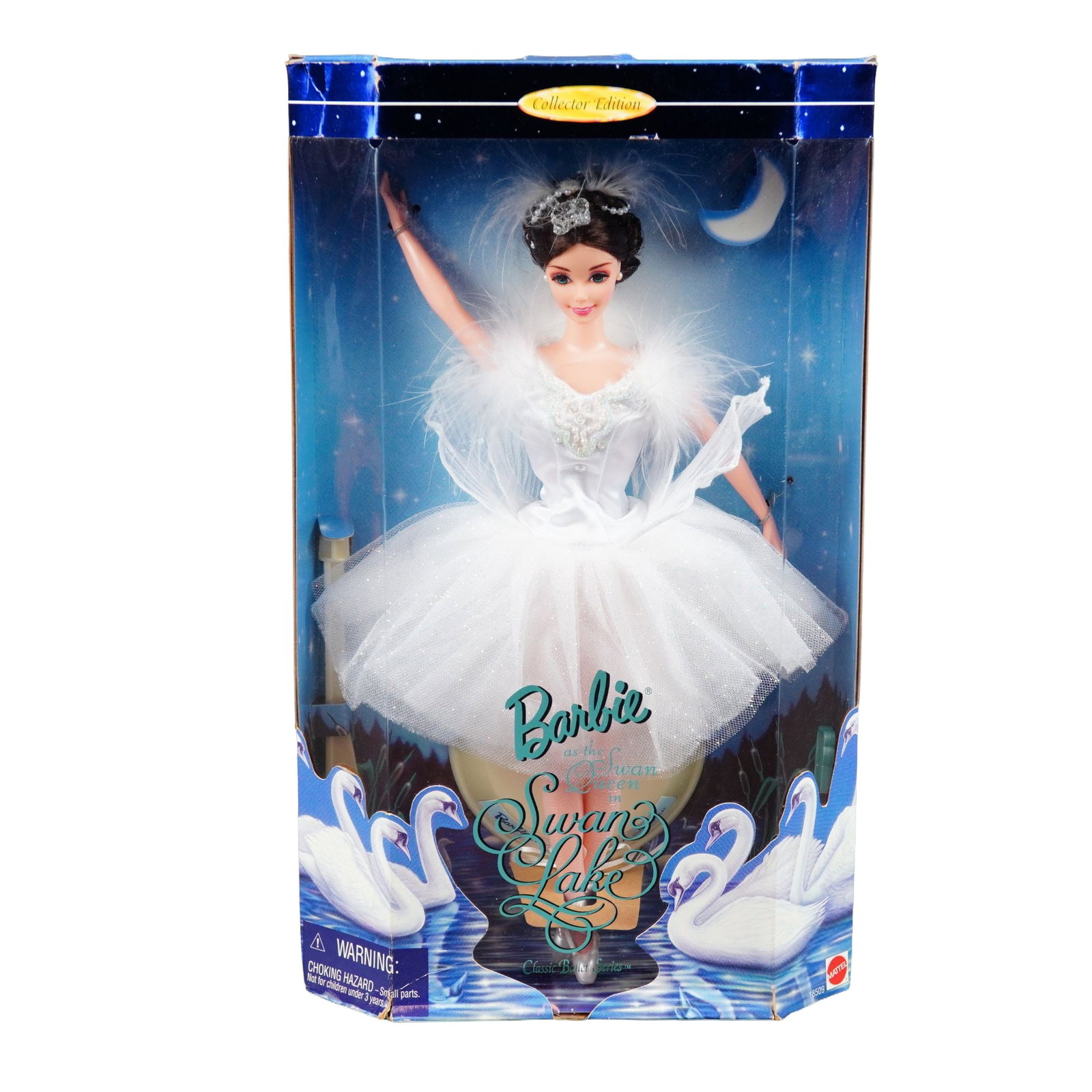 Mattel Barbie as the Swan Queen in Swan Lake Collector Edition, 11.5 Inches: Manufactured by Mattel, Inc. as part of the Classic Ballet Series, this Collector Edition vinyl doll features a jointed body and a detailed facial sculpt with fixed, painted blue eyes and rooted synth