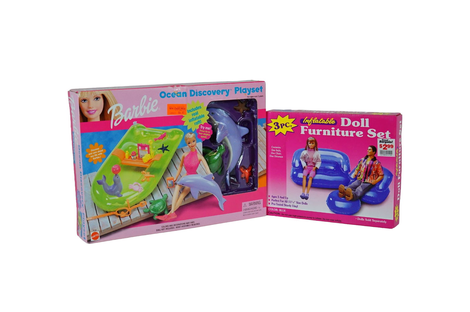 A Pair of Mattel Barbie Ocean Discovery and Tony (U.S.A.) Inflatable Doll Furniture Playsets, circa: This lot features two vintage doll accessory playsets in their original retail packaging. The first is a Mattel Barbie Ocean Discovery Playset, circa 1999. This set is constructed from molded plastic 