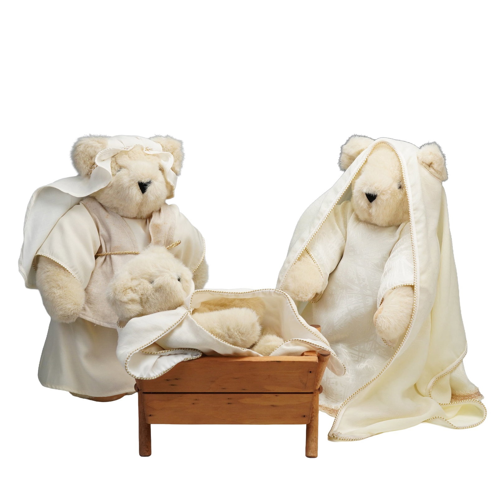 3pc Vermont Teddy Bear Co. Nativity Scene Plushes: 3 piece group with manger, 4 pieces total, depicting the nativity scene crafted by the Vermont Teddy Bear Company. Includes plush representations of Mary, Joseph, and baby Jesus in a wooden manger. Ea