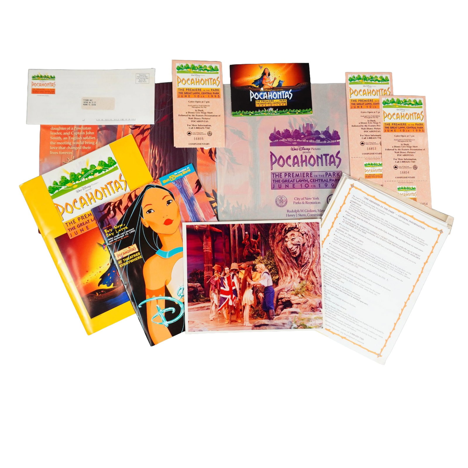 1995 Pocahontas Premiere in the Park Winner's Welcome Packet: A packet containing memorabilia from the outdoor screening and movie premiere of Pocahontas, held on June 10, 1995, at the Great Lawn in Central Park, New York. The packet includes original tickets, a
