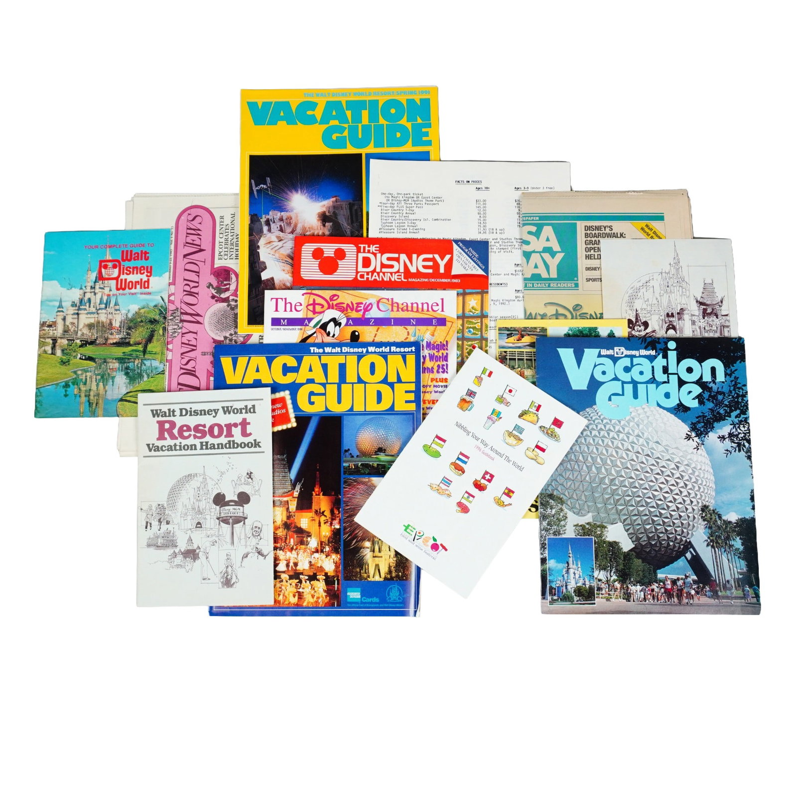 Collection of Walt Disney World Vacation Guides, Resort Guides, and Magazines: This compilation of Walt Disney World ephemera includes resort guides, vacation guides, Disney Channel magazines, price sheets, and newspapers. Dimensions: 8.75"L x 1"W x 11.75"H Provenance: From the 