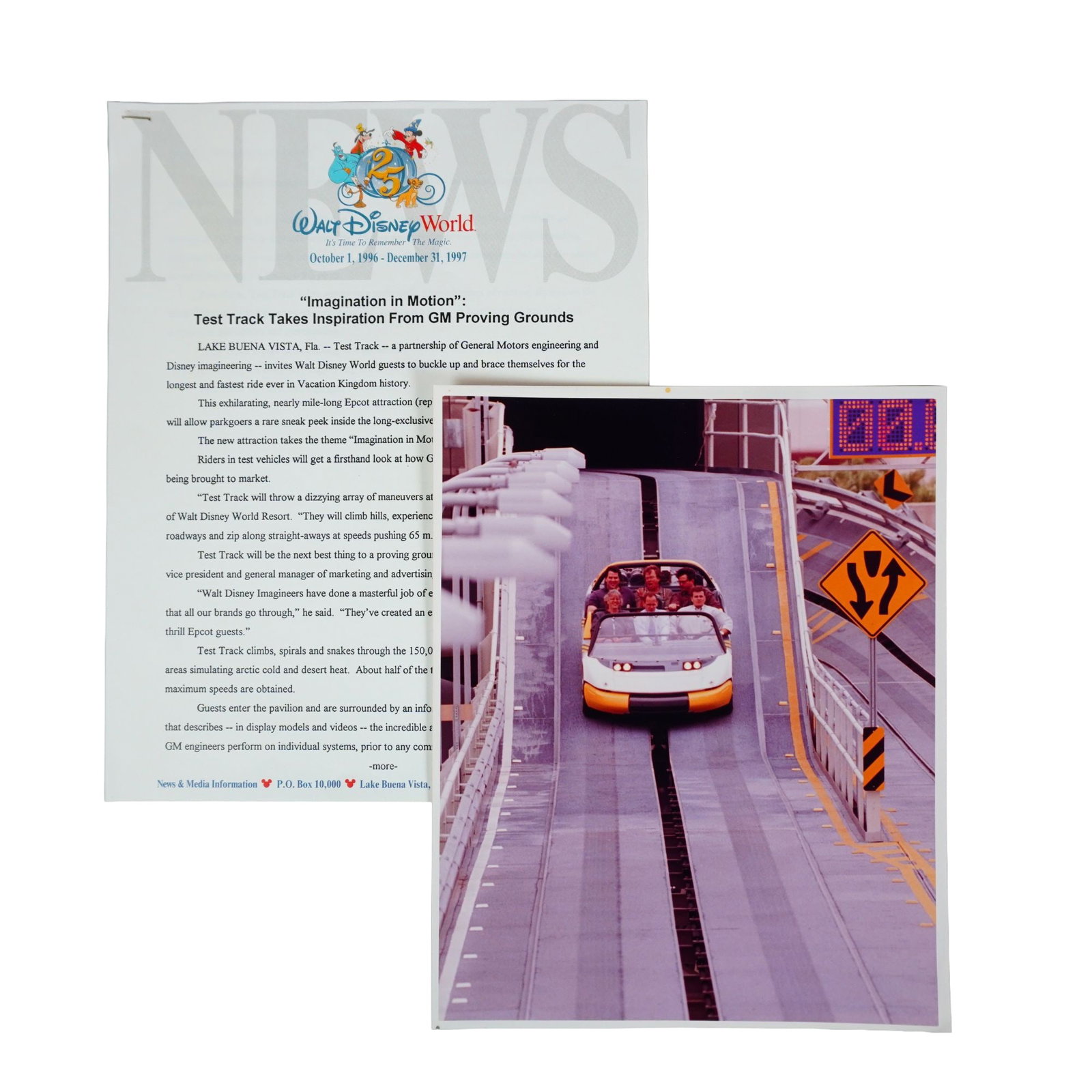 2pc Walt Disney World General Motors Test Track Press Photo and Press Release: These press materials are for the Walt Disney World Test Track attraction, developed in partnership with General Motors and opened in Epcot in summer 1997. Dimensions: 8.75"L x 0.25"W x 11"H Date or E