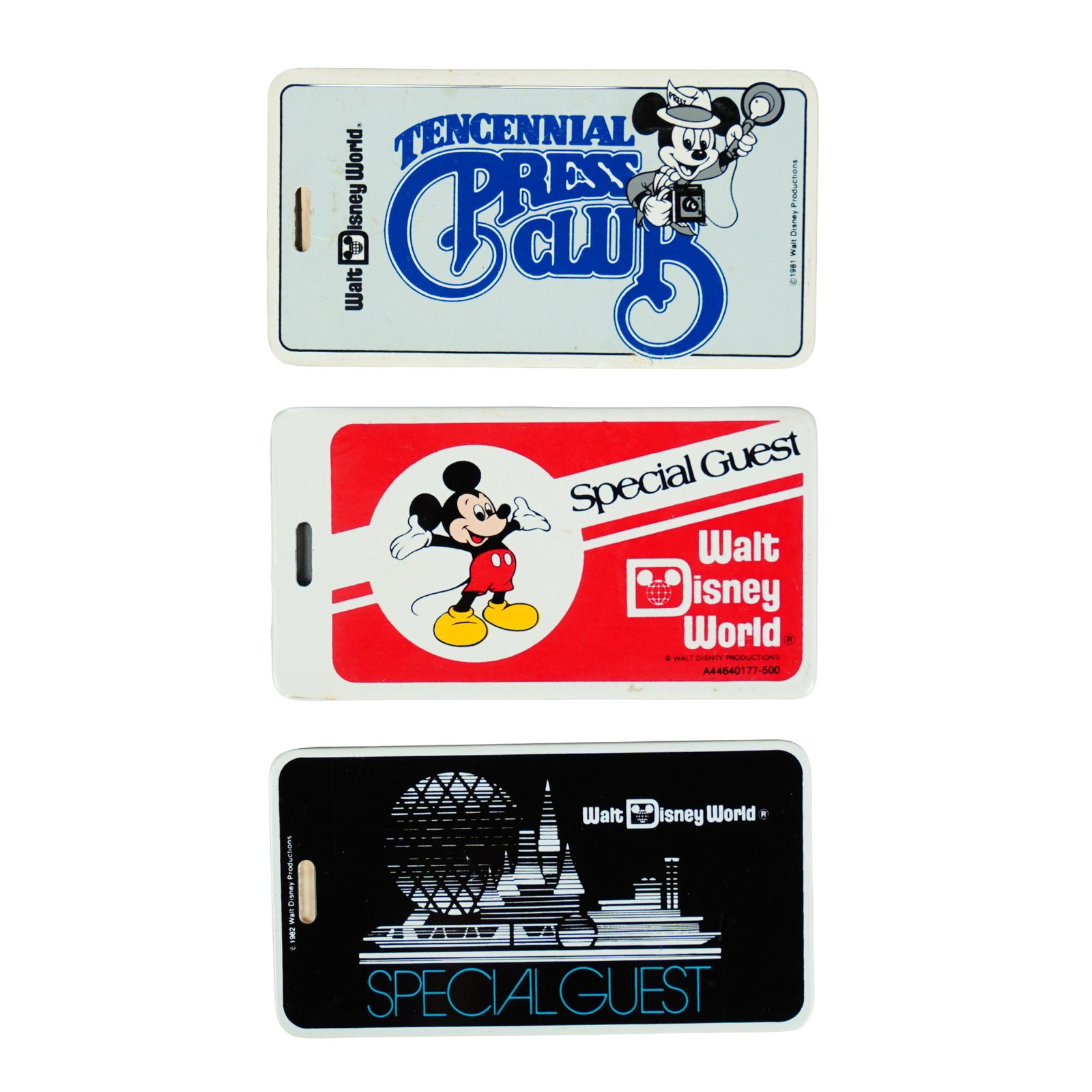 3pc Walt Disney Productions Special Guest and Press Club Luggage Tags: A collection of three vintage luggage tags for Walt Disney World media and VIP guests. Dimensions: 4.25"L x 0.5"W x 2.25"H Date or Era: c. 1981 Provenance: From the estate of Ray Fisher. Weight: 1.4 o