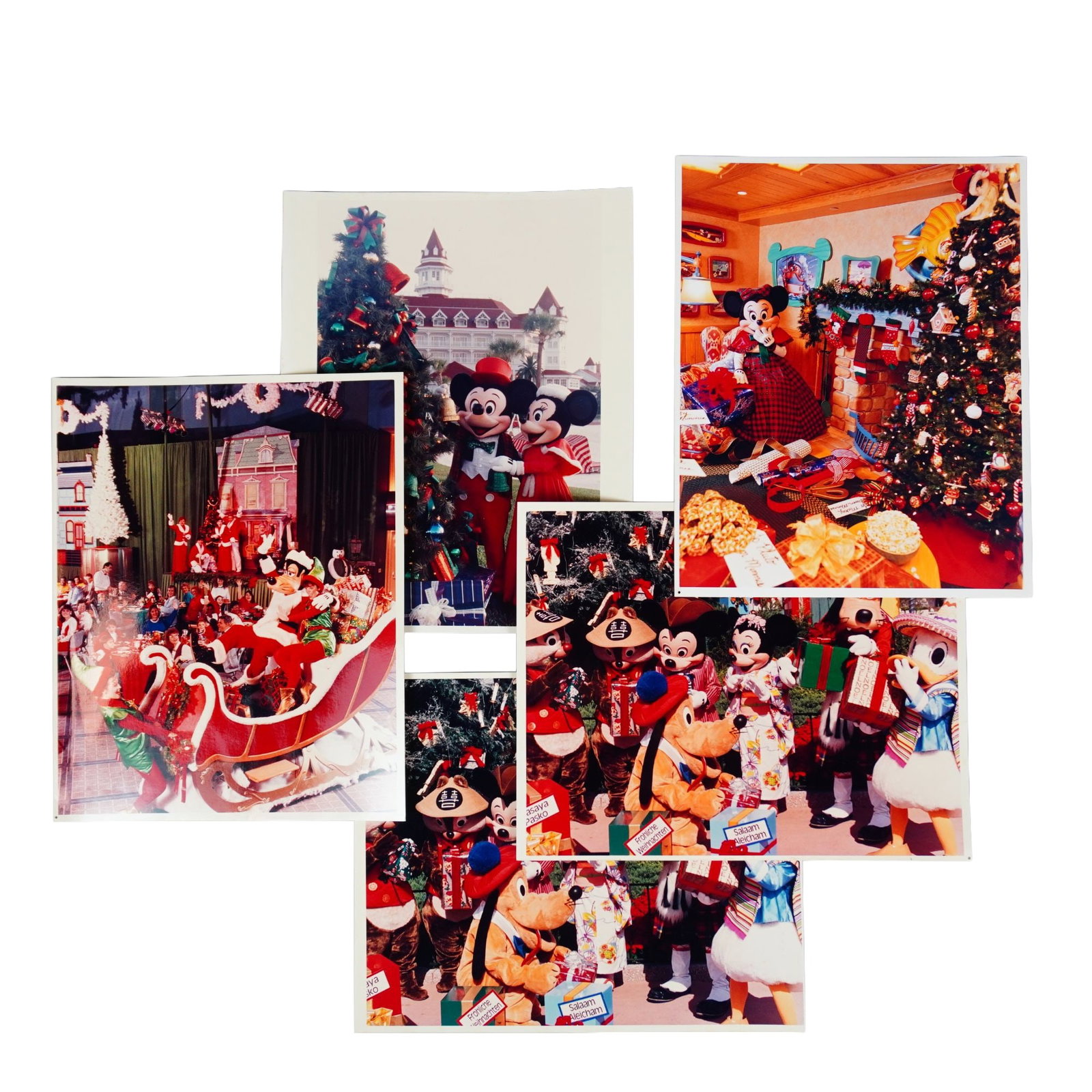 5pc Original Walt Disney World Characters Christmas Celebration Press Photographs: A compilation of press photographs showcasing holiday season Christmas celebrations throughout Walt Disney World, including the Jolly Holidays dinner show at Disney's Contemporary Resort, the Disney g
