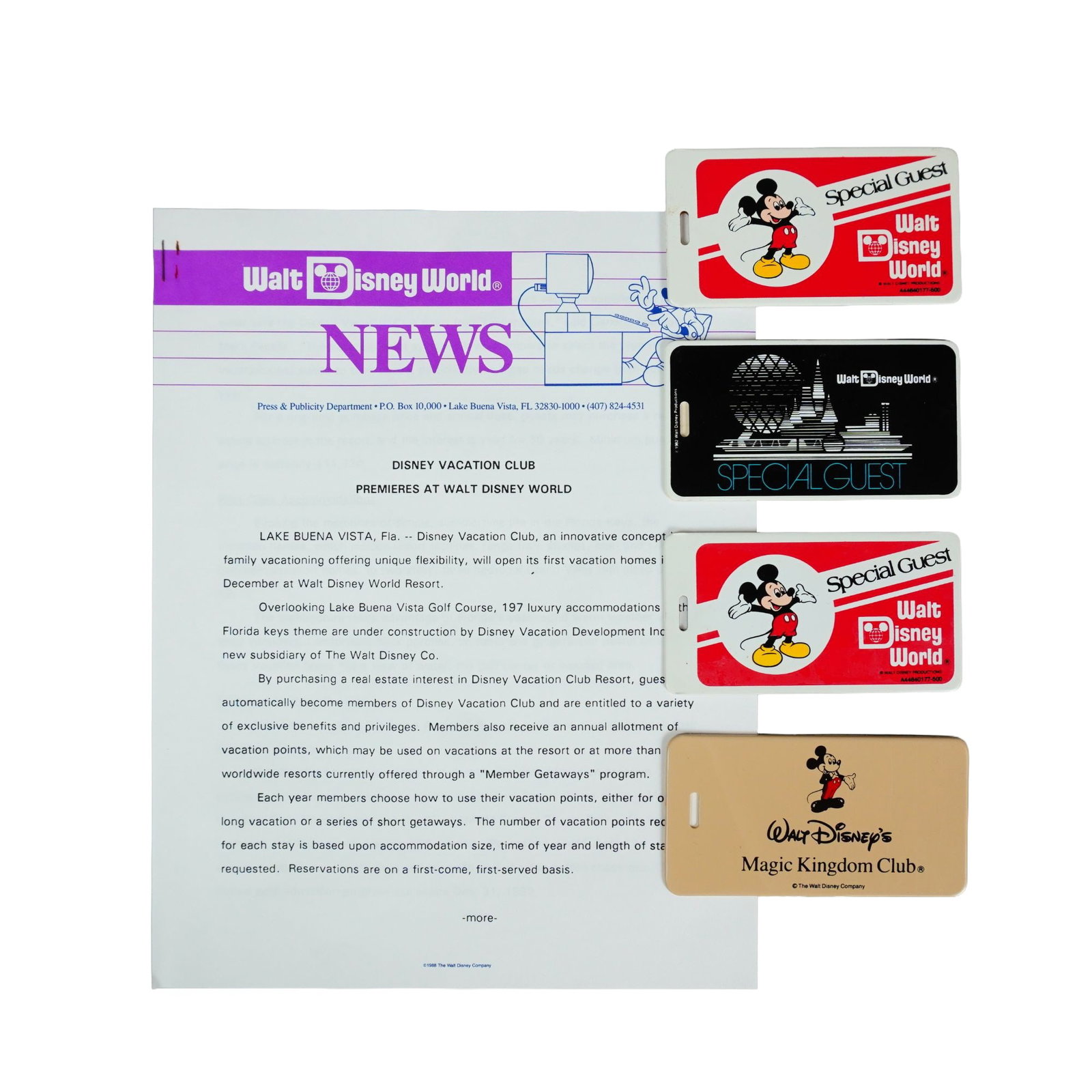 5pc Walt Disney World Guest Luggage Tags and Vacation Club Press Release: This collection features four luggage tags for Walt Disney World guests and a 1988 Walt Disney World News press release about Disney Vacation Club. Dimensions: 8.5"L x 0.25"W x 11"H Provenance: From t