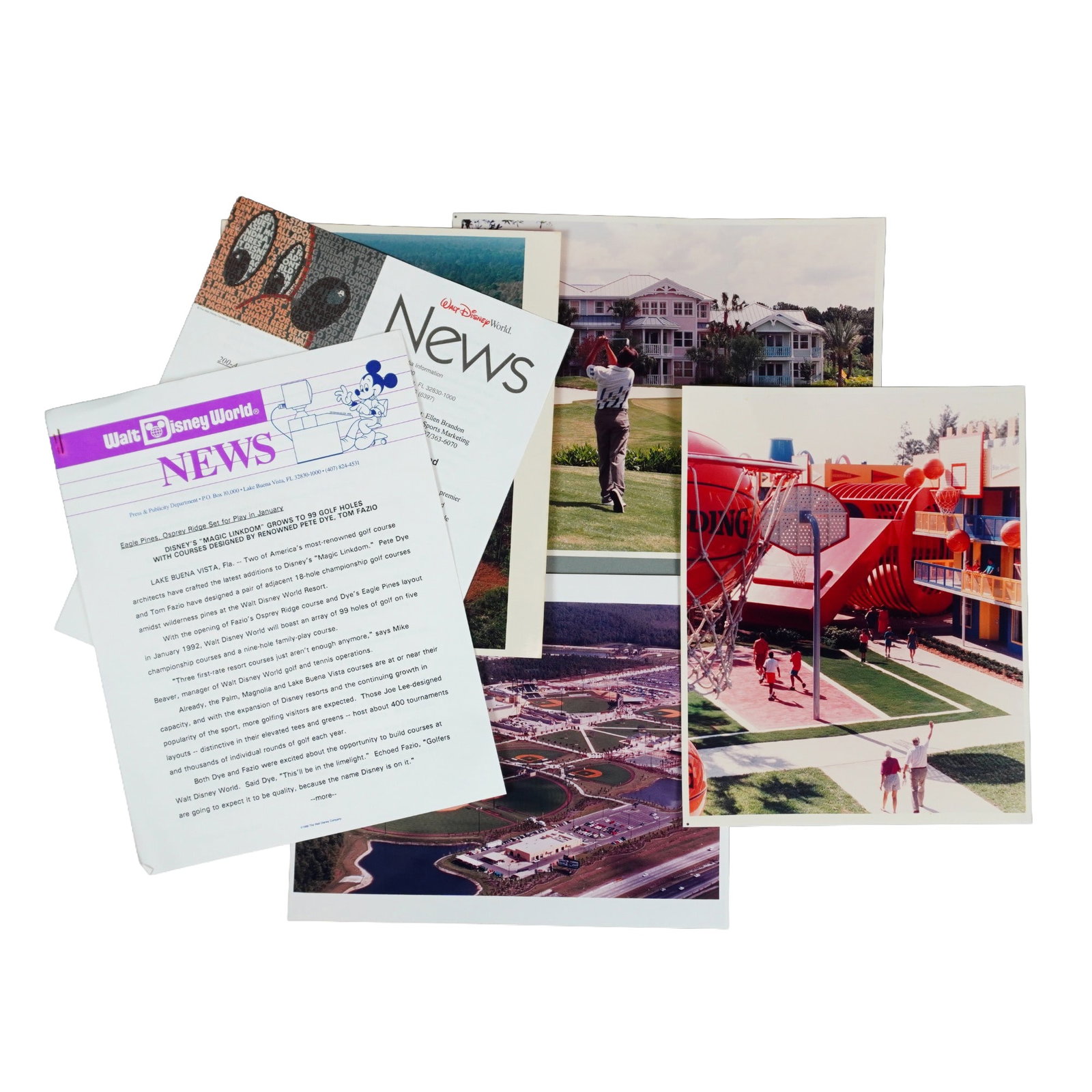 6pc Original Walt Disney World of Sports and Golf Courses Press Materials: A six-piece assortment of Walt Disney World press photographs and press releases, including the opening of Disney's Wide World of Sports Complex, the opening of two new golf courses, and the opening o