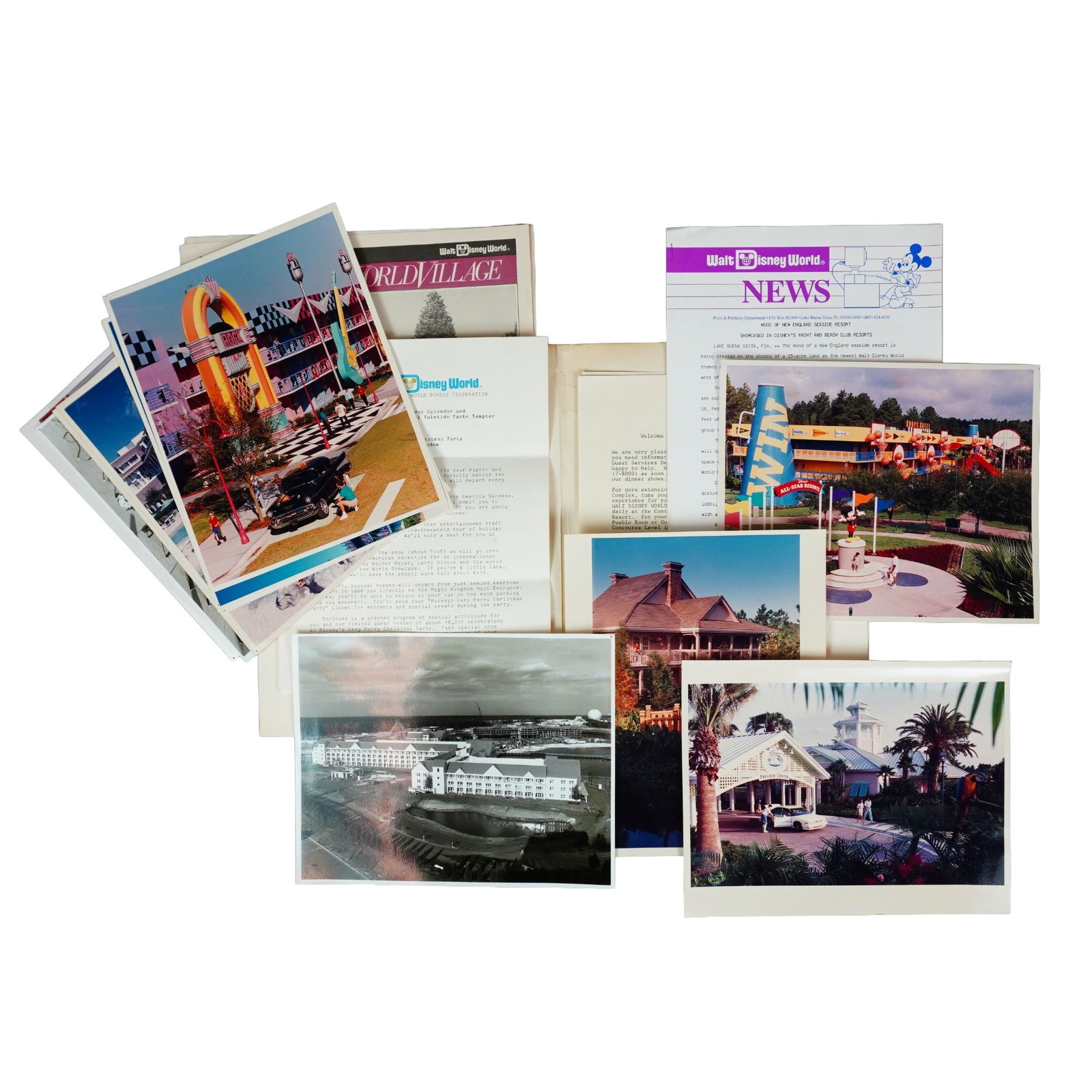 12pc Original Walt Disney World Resorts Press Materials: A collection of original Walt Disney World Resorts press materials, including press photographs for Dixie Landings Resort, Coronado Springs Resort, and All-Star Music Resort. Additionally, the assortm