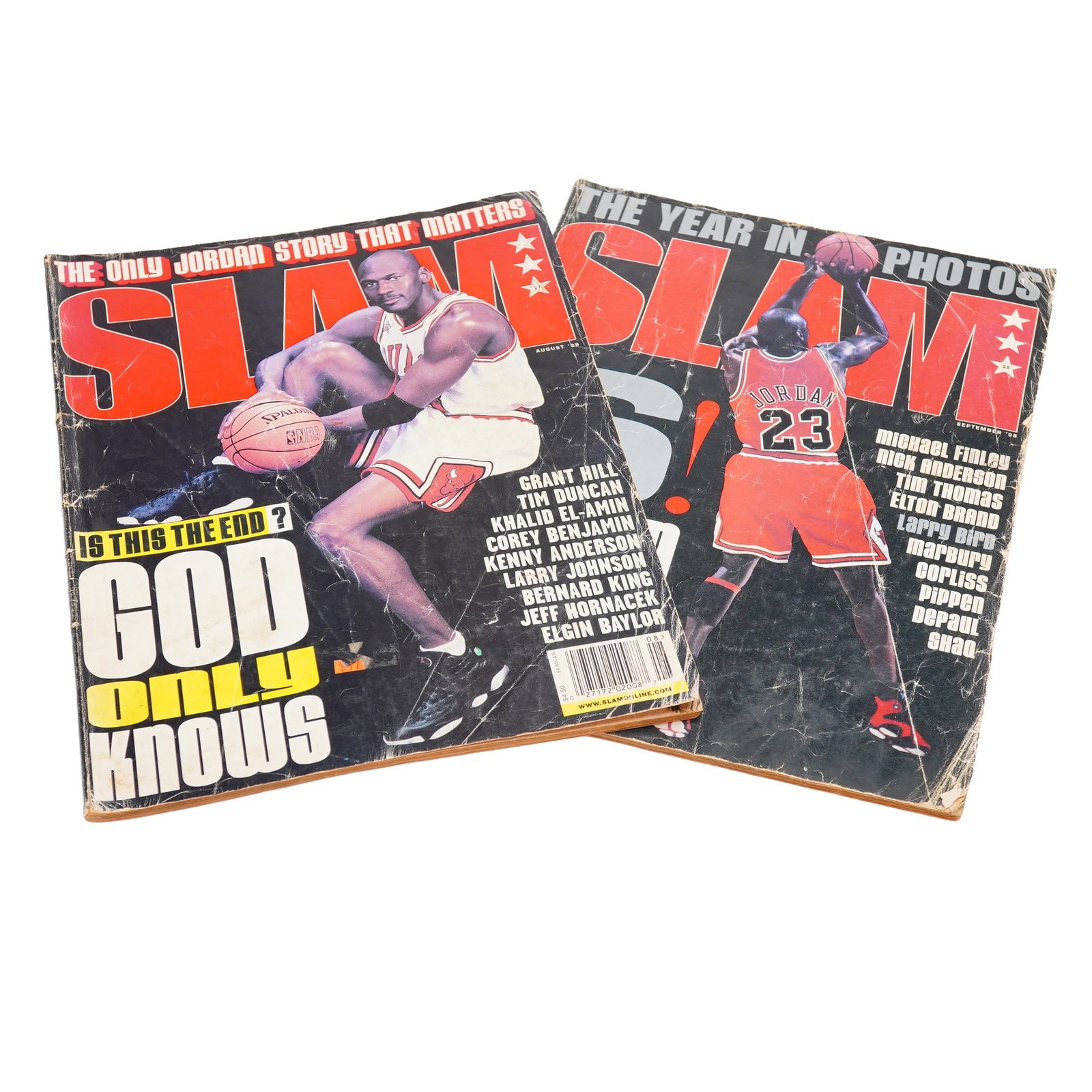 2pc SLAM Magazines: A collection of vintage SLAM magazines, issues August and September of 1998, featuring Michael Jordan on the covers. The August 1998 issue is titled "Is This The End? God Only Knows," and covered his 