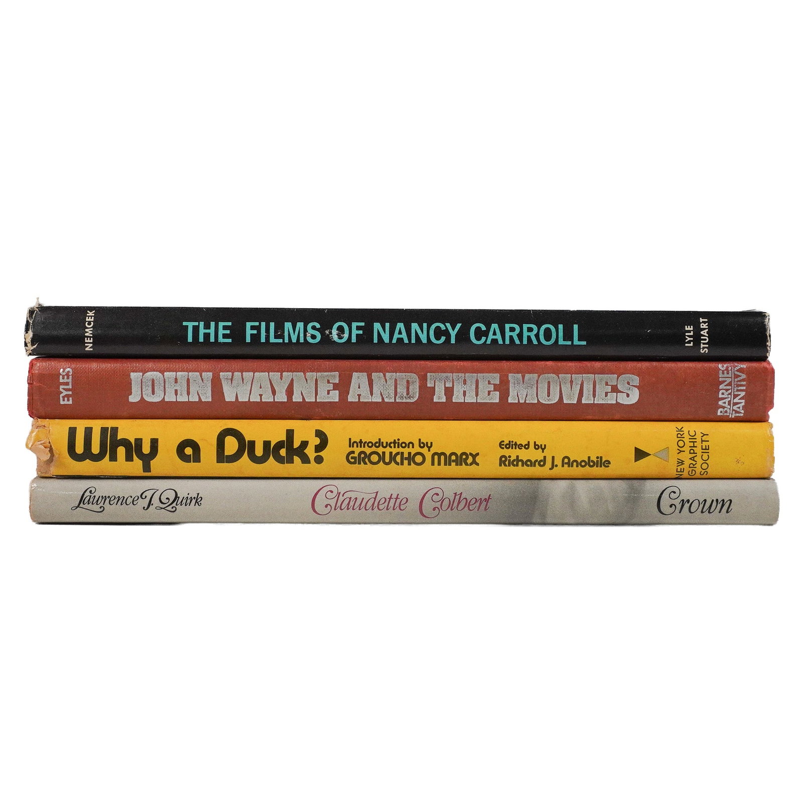 4 Classic Hollywood Film Books: A collection of four books celebrating the golden era of Hollywood and its legendary stars. Titles include The Films of Nancy Carroll by Paul Nemcek (1969), Why a Duck? edited by Richard J. Anobile wi