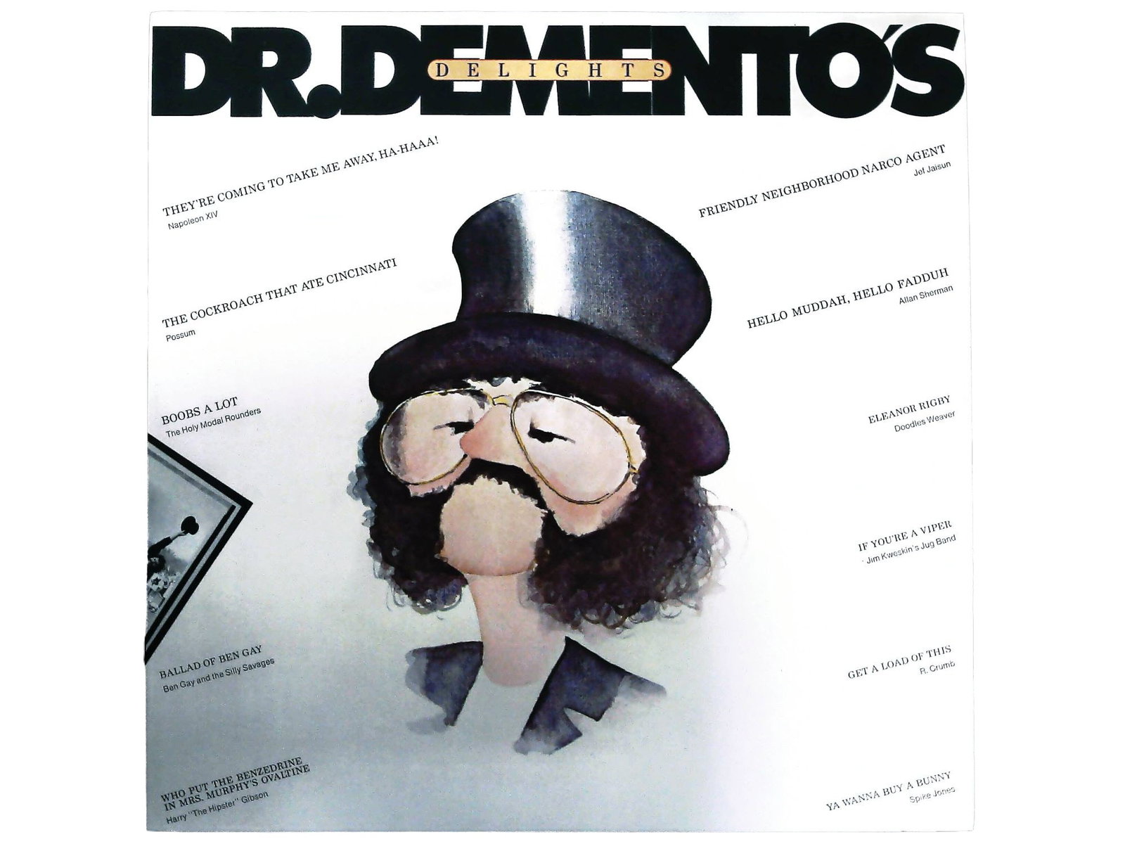 Dr. Demento's Delights LP Album, Warner Bros. BS 2858, 1975: A single vintage long-playing (LP) vinyl record album, titled DR. DEMENTO'S DELIGHTS, released circa 1975 by Warner Bros. Records (Catalog Number BS 2858). The album is a compilation of novelty and co